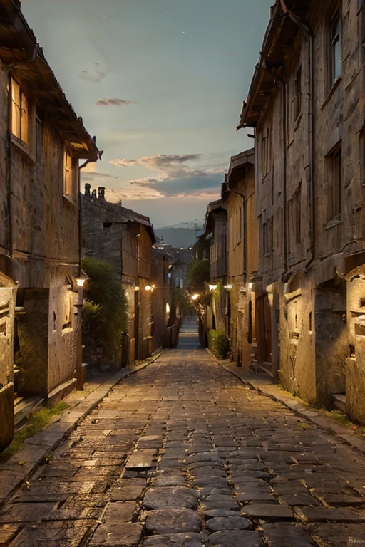 An ancient city at sunset, (best quality, 4k, 8k, highres, masterpiece:1.2) ultra-detailed, (realistic, photorealistic, photo-realistic:1.37) with vibrant colors, capturing the last rays of sun as they illuminate the cityscape. The city stands tall with majestic ancient buildings, (stone:2.21) revealing intricate carvings and delicate details. The narrow cobblestone streets are lined with (twinkling gas lamps:1.1) that cast a warm glow, creating a nostalgic atmosphere. The city is surrounded by a protective stone wall, (overgrown with lush green vines:1.1) creating a harmonious blend of nature and history. Within the city, (people:1.1) dressed in traditional attire roam the streets, engaging in their daily activities. The sky above is a canvas of hues, (fiery reds, golden yellows, and warm oranges) merging with the cooler shades of purples and blues as twilight approaches. The fading sunlight casts a (soft, warm:1.1) light on the city, emphasizing the architectural splendor and creating long shadows that add depth to the scene. The overall ambiance exudes a sense of tranquility and evokes a feeling of stepping back in time to the ancient era.