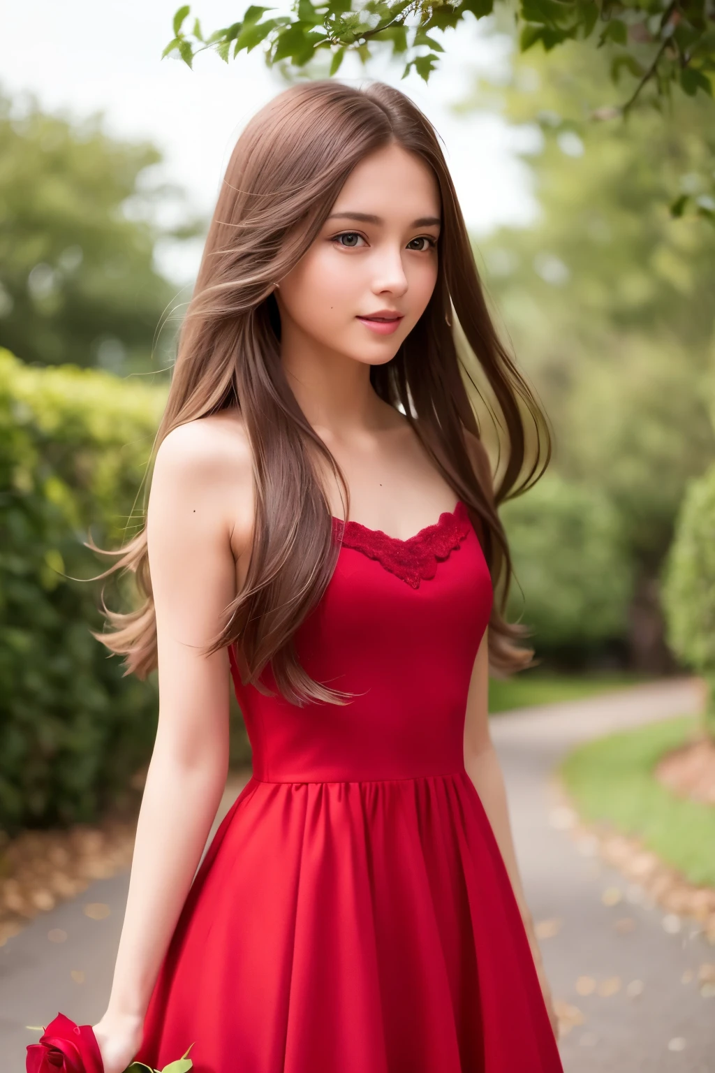 Stunningly beautiful girl, (F2.8, 1/400s, ISO 200, photorealistic), long straight brown hair, (beautiful:1.3), wearing a red dress, (delicate:1.2), holding a rose, (happy:1.5), expressing joy, (perfectly posed:1.1), best quality, masterpiece, ultra high resolution, (refined features:1.3).