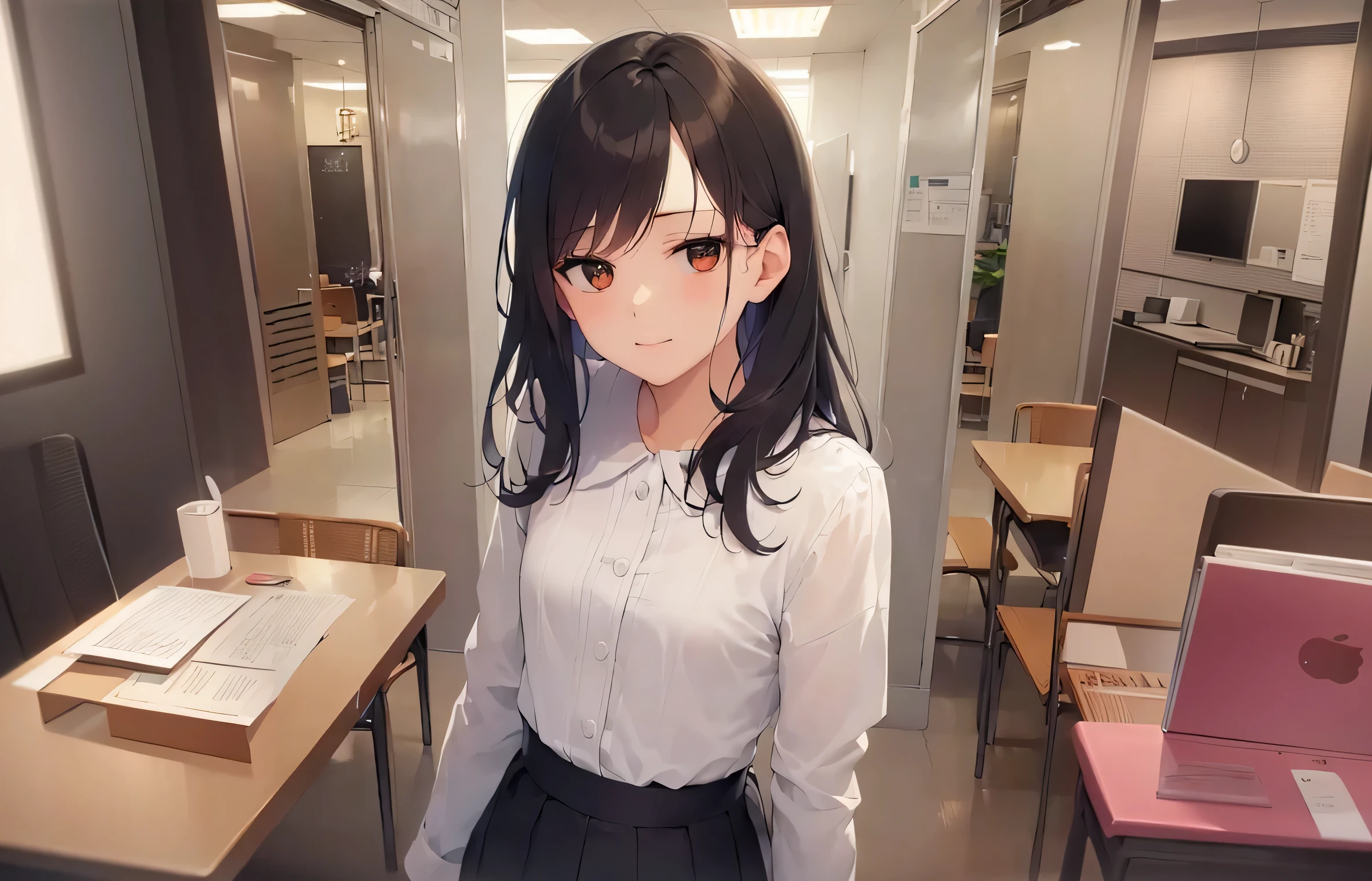 The background is a conference room、table、Chair、floor、wall