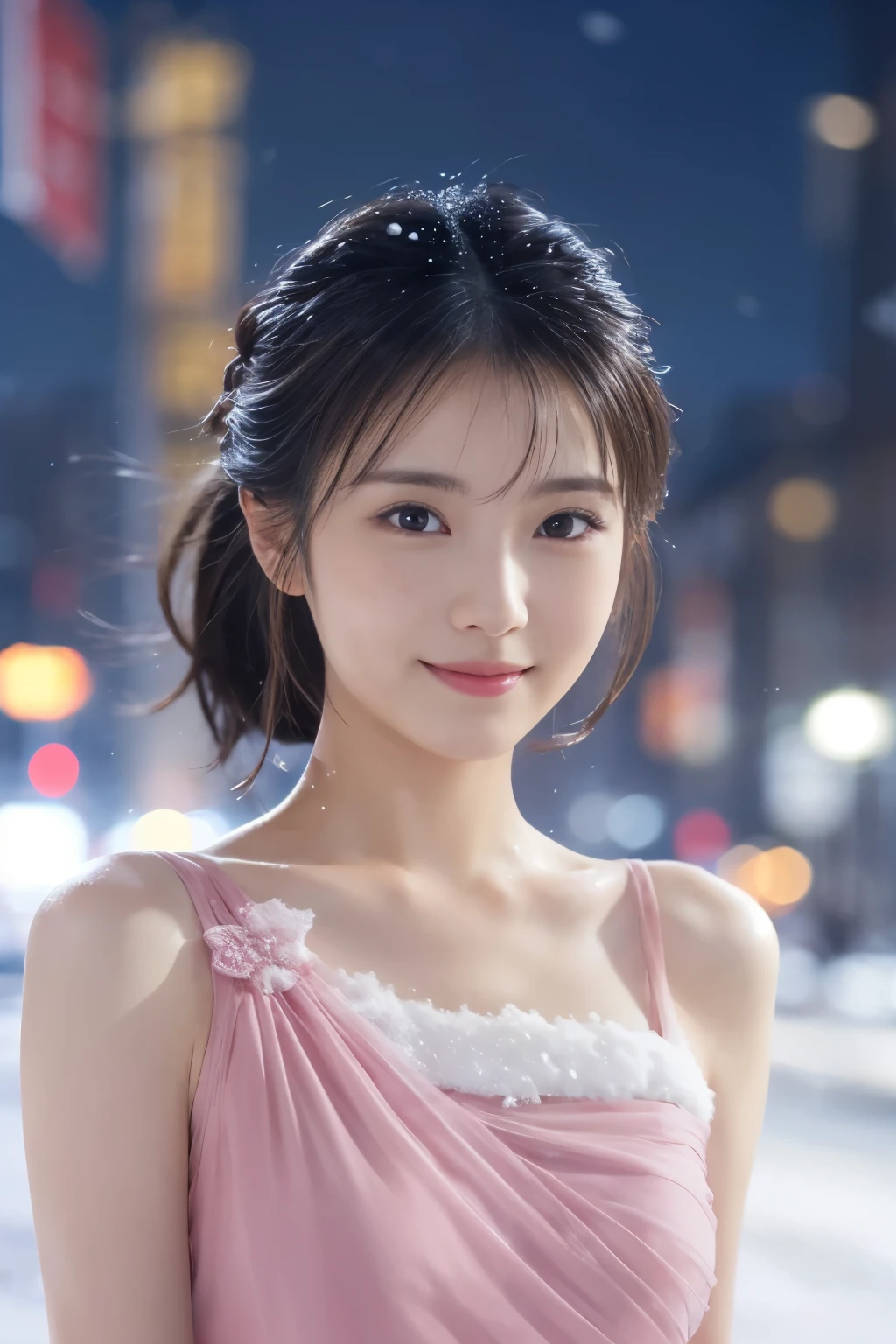 1 girl, (Wearing a pink dress:1.2), beautiful japanese actress,
(RAW photo, highest quality), (realistic, Photoreal:1.4), masterpiece, 
very delicate and beautiful, very detailed, 2k wallpaper, wonderful, 
finely, very detailed CG Unity 8K 壁紙, Super detailed, High resolution, 
soft light, beautiful detailed girl, very detailed目と顔, beautifully detailed nose, beautiful and detailed eyes, cinematic lighting, 
break
(Against the backdrop of a snowy night cityscape 1.3), city lights, (Snow is flying:1.3), 
perfect anatomy, slender body, smile, Face the front completely, look at the camera