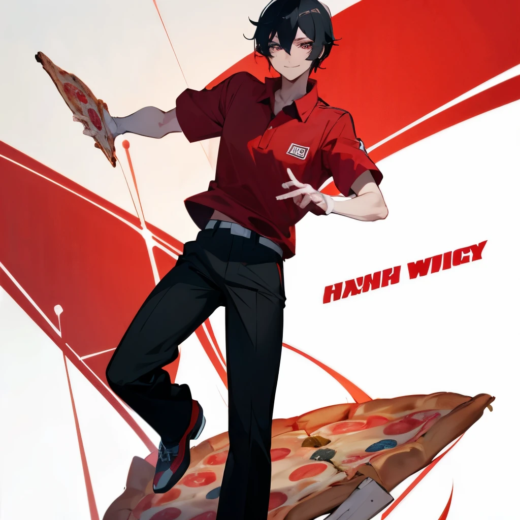 Man with black hair, wearing a pizza delivery uniform with short sleeve red polo shirt, black pants and black shoes, somehow pale, slim, looking at you, happy smiling, anime, high quality