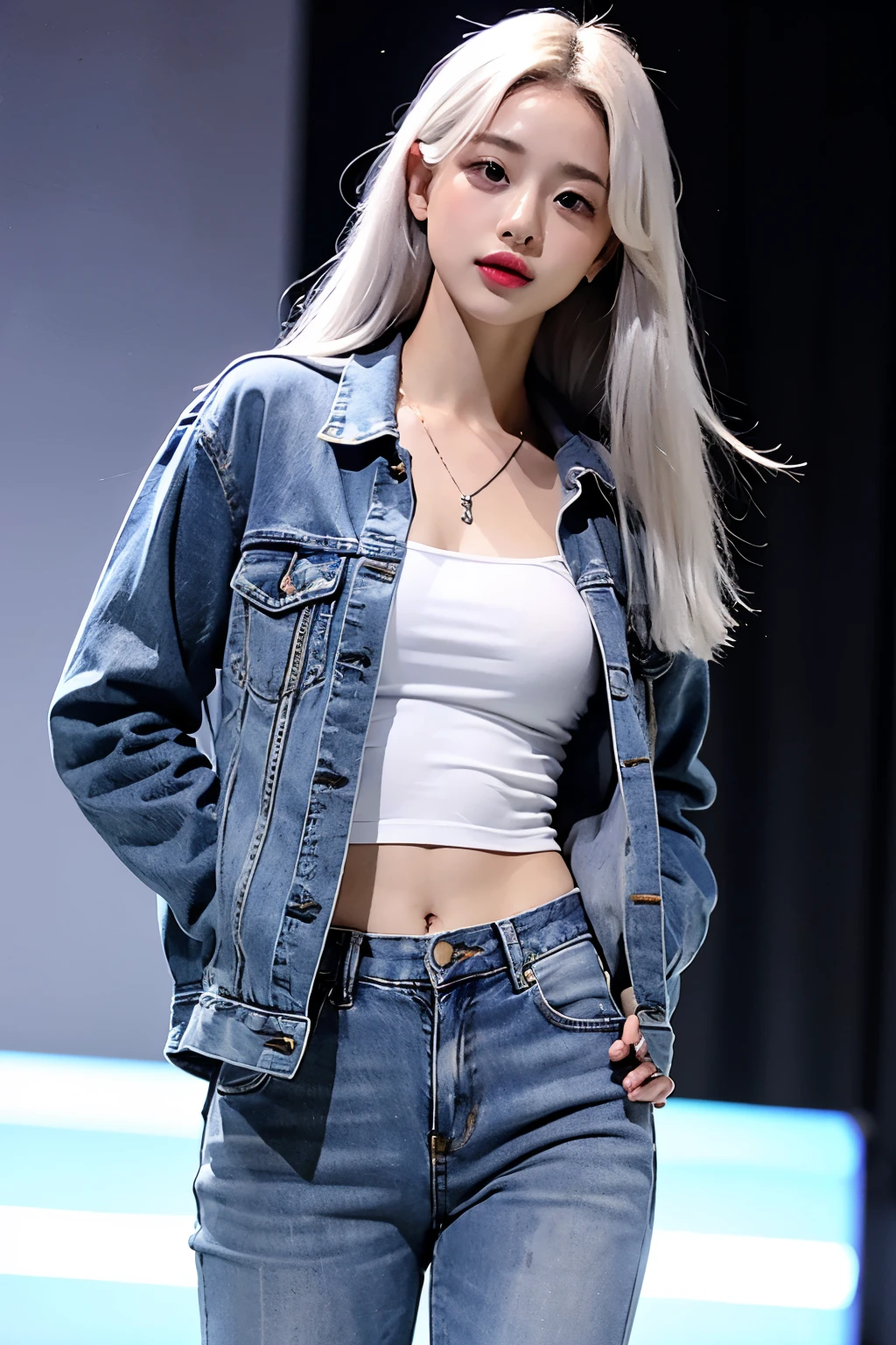 realistic, High resolution, 1 female, glowing skin, alone, wide lips,long hair,straight hair,saggy breasts,small face,white hair,Color Contacts,denim jackets,skinny pants,Full body coordination daytime,realistic skin texture,Real,K-pop Idol