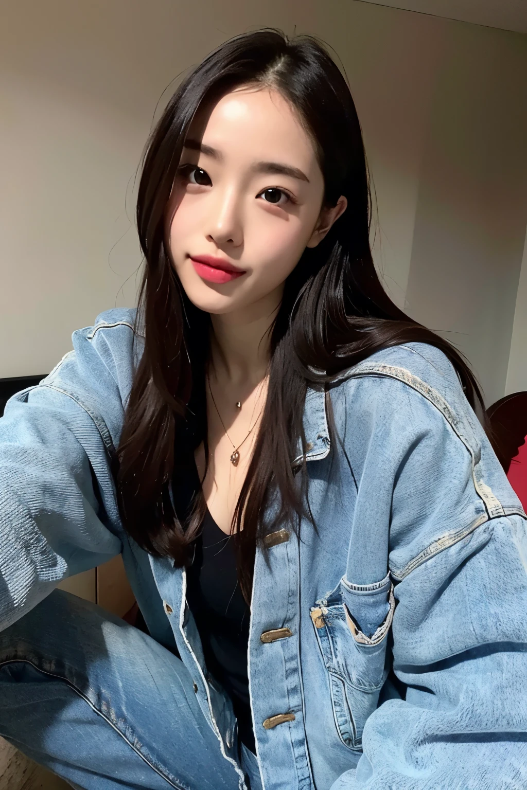 realistic, High resolution, 1 female, glowing skin, alone, wide lips,long hair,straight hair,saggy breasts,small face,white hair,Color Contacts,denim jackets,skinny pants,Full body coordination daytime,realistic skin texture,Real,K-pop Idol