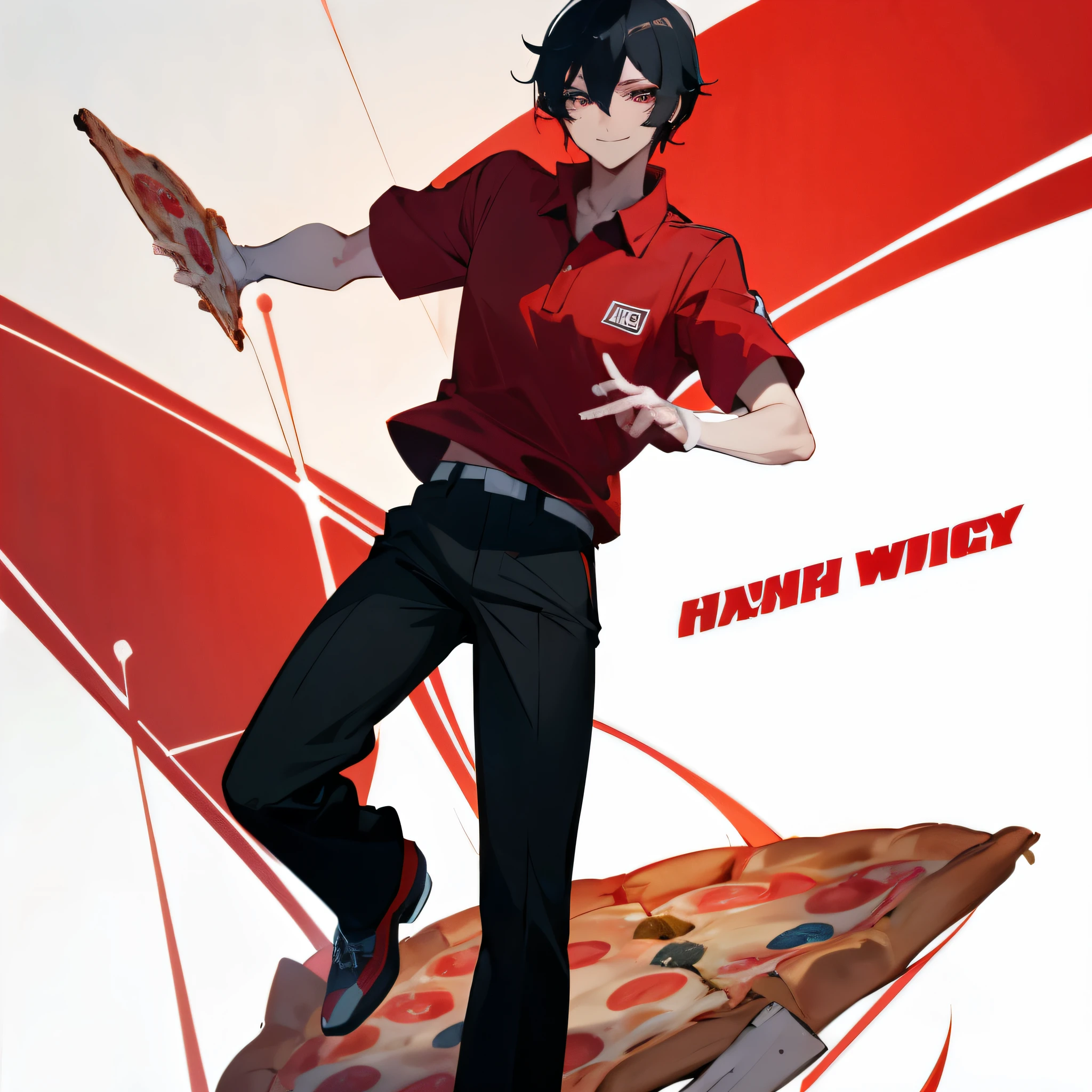 Man with black hair, wearing a pizza delivery uniform with short sleeve red polo shirt, black pants and black shoes, somehow pale, slim, looking at you, happy smiling, anime, high quality