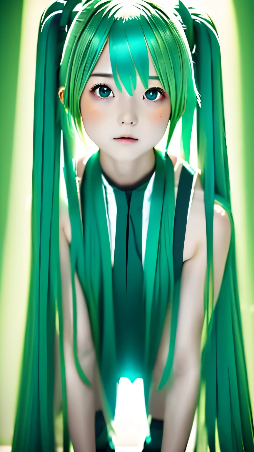 RAW photo、blue green hair,dual horsetail,Sexy,adorable,small eyes、Expressionless,squat,twin tails、Hatsune Miku、official art，unity 8k wallpaper，super detailed，aesthetics，master piece，best quality，Realistic,Photo level、highest quality、Highest image quality、master piece、