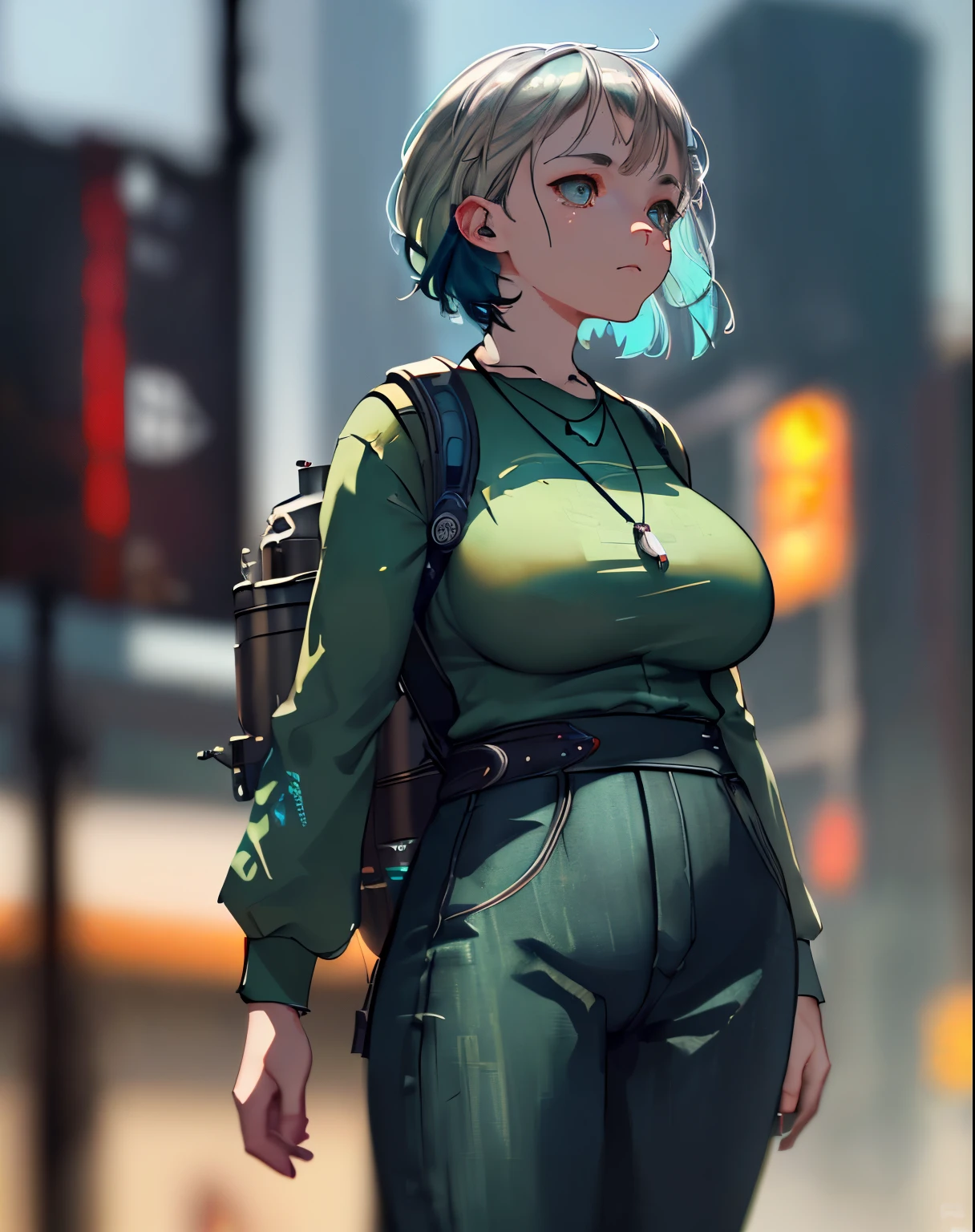 (masterpiece), (extremely intricate:1.3),, (realistic), Masterpiece, Best Quality, 8K, Photographic Reality, Realistic, Octane Rendering, (Shaman),(Only One Woman on the Screen: 1.3), (Green Shirt), (short light blue Hair), (Middle Aged), (Black pants),(silver teardrop pendant), rucksack, (Blue Eyes) Upper Body Display (Asian-American) (Huge Breasts), huge Breasts, (side view) sharp focus, dramatic, award winning, cinematic lighting, octane render, unreal engine, volumetrics dtx, (film grain, bokeh, blurry foreground, blurry background),
