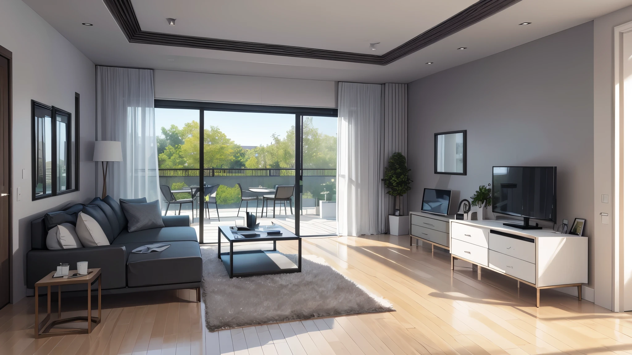 You are a famous interior designer、You have been asked to create a 3D image of a modern large room. Create a harmonious environment with modern and minimalist furniture. Including garden interior.