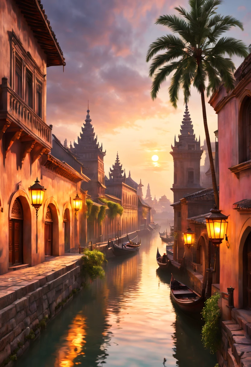 (best quality,4k,8k,highres,masterpiece:1.2),ultra-detailed,(realistic,photorealistic,photo-realistic:1.37),Ancient City at Sunset,ancient architecture,stone structures,serene atmosphere,sunset glow,shimmering light reflections,peaceful waterfront,medieval fortifications,silhouette of a city,orange and pink hues,light rays piercing through clouds,tranquil canals,old temples and pagodas,majestic skyline,ethereal beauty,glowing lanterns,quiet streets and alleys,climbing vines and flowers,boats sailing on the river,serene harbor view,palm trees swaying in the breeze,rooftop terraces,people strolling along the riverbank,magnificent city walls,lovely bridges connecting the city,ancient statues and sculptures,traditional culture and heritage,mystical atmosphere,soft pastel colors,romantic atmosphere,peaceful and calm ambiance.