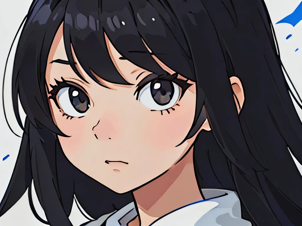 Perfect anime illustration of a girl having long black hair with bangs, posing for a picture in a straight face, half body portrait