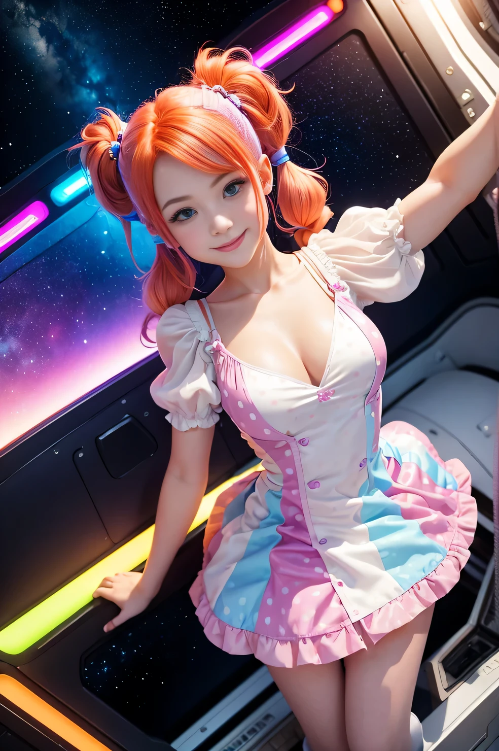 (overhead view) Cute redhead with rainbow colored hair tips, ribbons in her hair, 18-year-old woman, happy, smiling, in twin tails, perfect eyes, clear sparkling blue eyes, pale skin, silky smooth skin, flying a fancy metal luxurious space ship, futuristic cockpit, she's a pilot, outer space seen in windows, dark warm lighting, wearing a futuristic party dress, low cut top, pleated (chemise) mini dress (pastel rainbow colors, and polka dots), puffy sleeves, silk, pantyhose, cute short cut booties, boots.