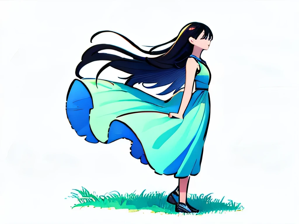 side view illustration of a girl wearing a long dress standing in a grassy field, wind is blowing her dress 