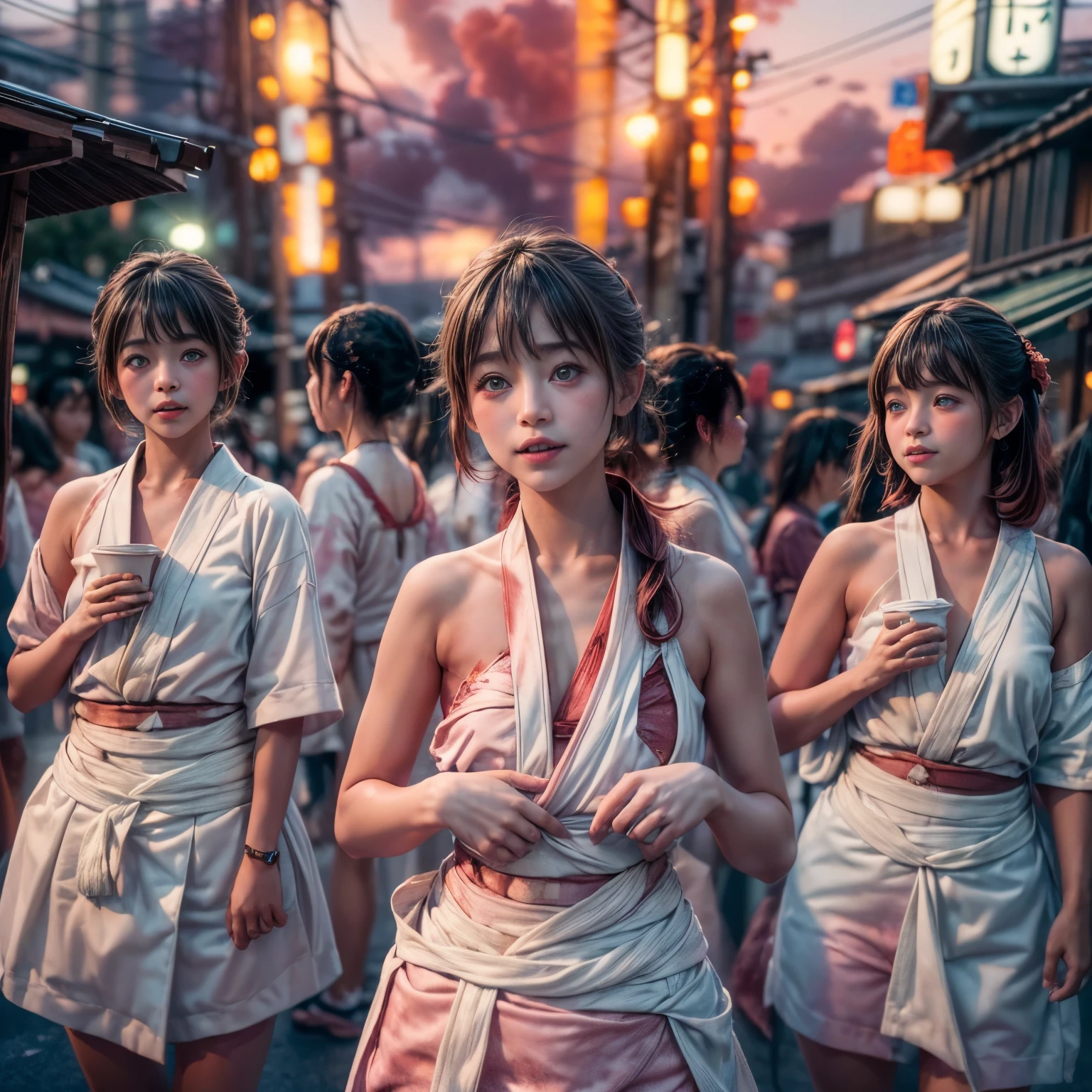 ((????:-1.5)), (((??????:-0.99))), ((bokeH, Acutance:0.85, ultra-detailed:1.35)), (((from below))) . The background is the downtown area at (Twilight:1.4), (((Red-dyed clouds above hed:1.3))), { The Sky takes up more than third of the composition | (many colorful Lights:1.2) | lens flare | Burning | Haze | (luminous Particles) | Mystic sight | ?????? | Underystemic } . (Masterpiece:1.2) of professional Analog photo with Hasselblad, (((realistic and photorealistic with touch of rawness:1.37))) . ((( A group photo of KAWAII girls in WHITE Fundoshi, at Hakata Gion Ymakasa Festival ))) . ???????? with looking ahead .