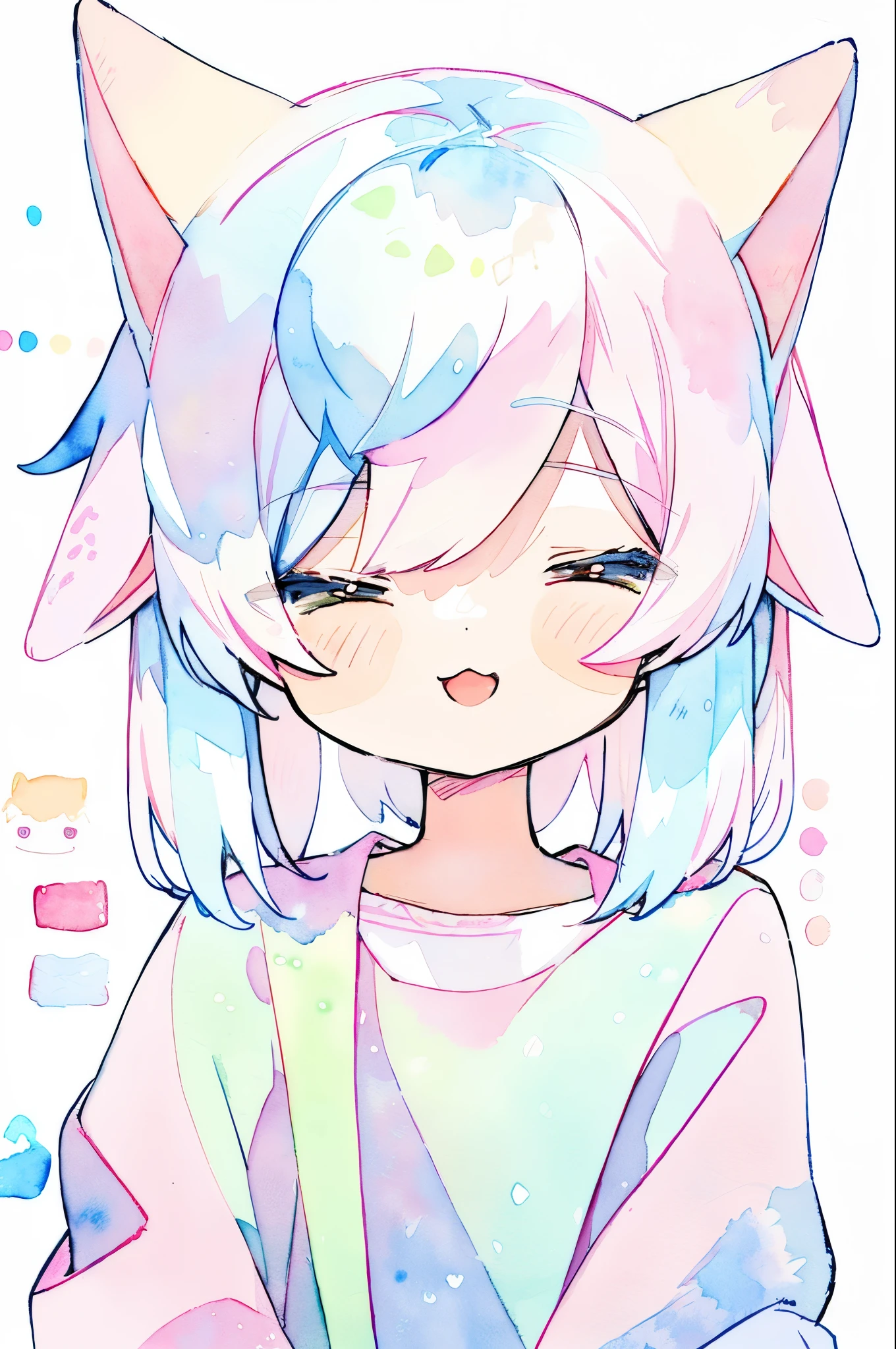whole body,1 girl with dog ears,smiling with open mouth、close your eyes、 (pastel colour:1.5),(cute illustration:1.5),(watercolor:1.2),white background,