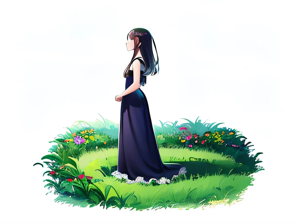 side view illustration of a girl wearing a long dress standing in a grassy field, 