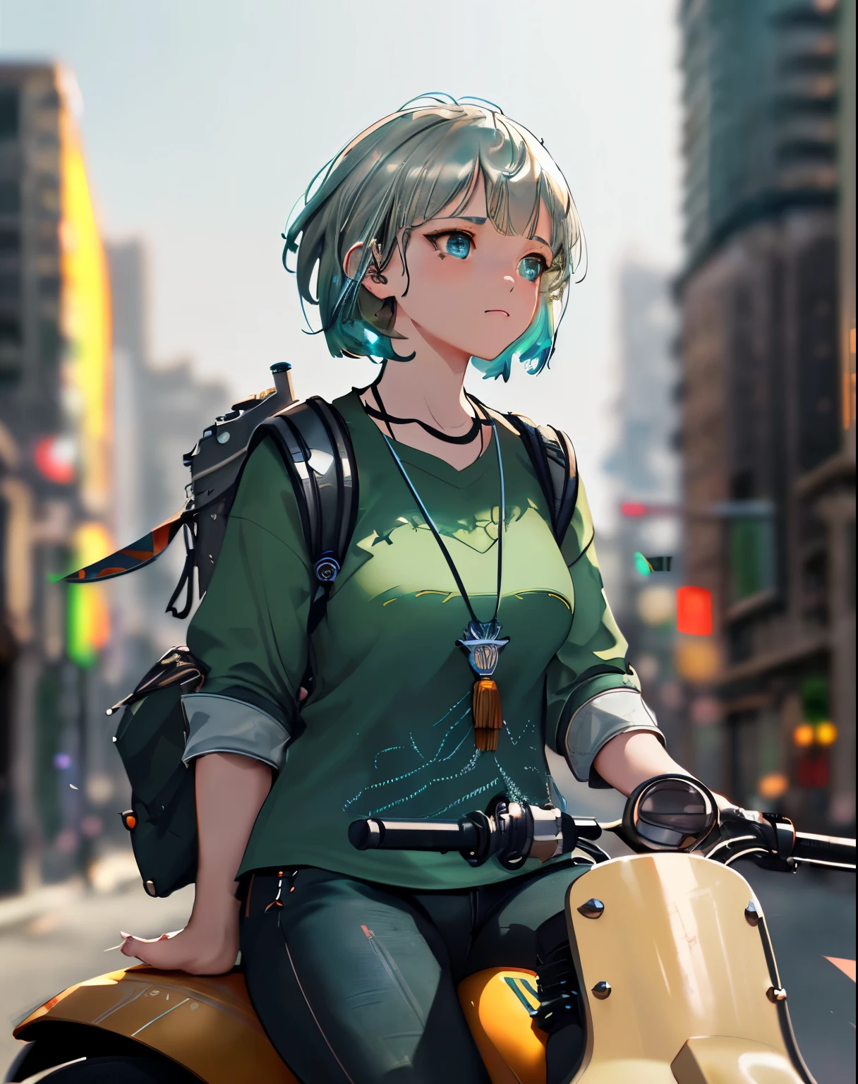 (masterpiece), (extremely intricate:1.3),, (realistic), Masterpiece, Best Quality, 8K, Photographic Reality, Realistic, Octane Rendering, (Shaman),(Only One Woman on the Screen: 1.3), (Green Shirt), (short light blue Hair), (Middle Aged), (Black pants),(silver teardrop pendant), rucksack, (Blue Eyes) Upper Body Display (Asian-American) (Small Breasts) (Green),(side view) sharp focus, dramatic, award winning, cinematic lighting, octane render, unreal engine, volumetrics dtx, (film grain, bokeh, blurry foreground, blurry background), sitting on a vespa