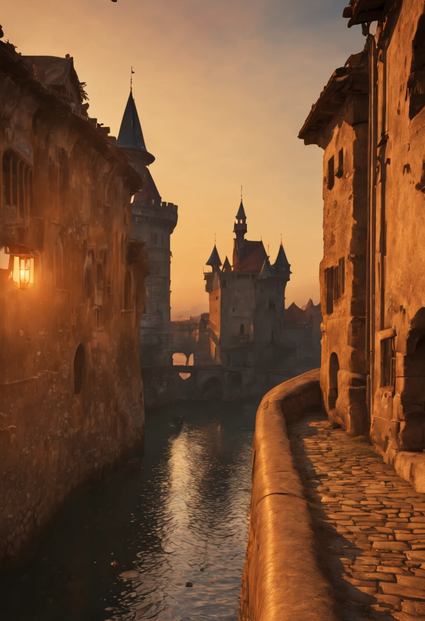 (best quality,4k,8k,highres,masterpiece:1.2),ultra-detailed,(realistic,photorealistic,photo-realistic:1.37),ancient city at sunset,old ruins,crumbling walls,ancient architecture,stonework,serene,peaceful atmosphere,glowing golden light,shadows,dusk,evening sky,gentle breeze,quiet streets,stone pathways,timeless beauty,medieval charm,history,stories,twisting alleys,colorful rooftops,majestic castle silhouette,sunset reflection on the river,romantic,tranquil,peaceful,orange and gold hues,shimmering water,ethereal,golden hour lighting