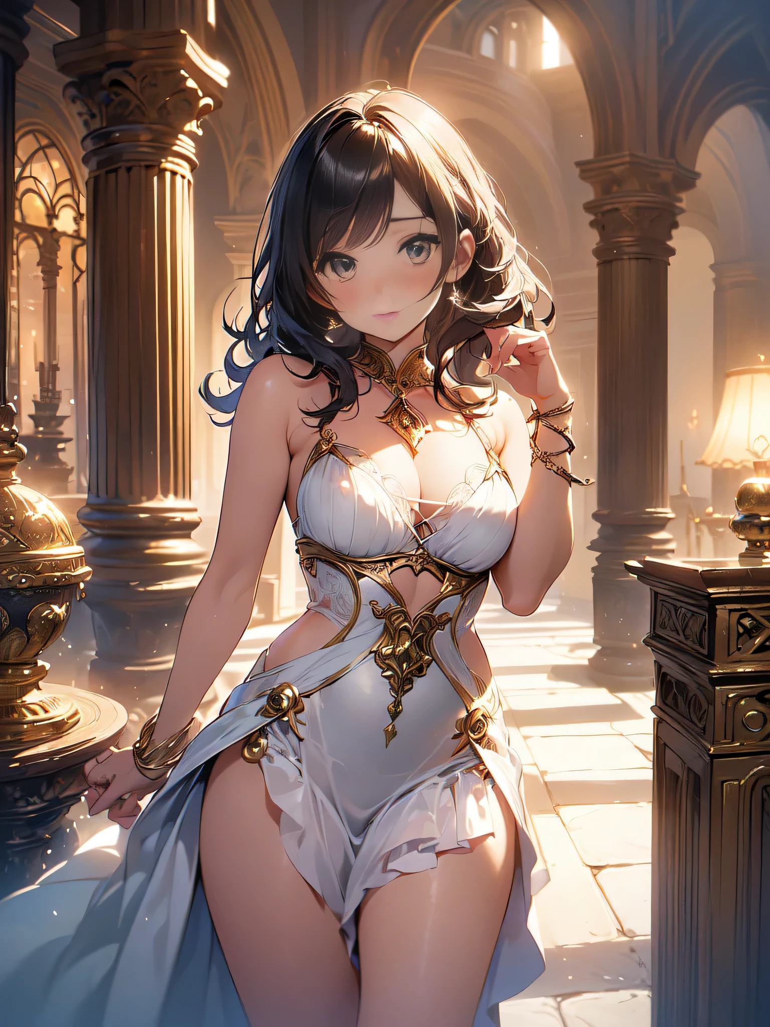 all intricate details: "((Obra maestra+La mejor calidad+High resolution),(dreamy atmosphere+ lighting),(1 character),(Mysterious expression+Pose elegante),(cabello suelto+ojos brillantes),(magic costume+Detalles delicados))"