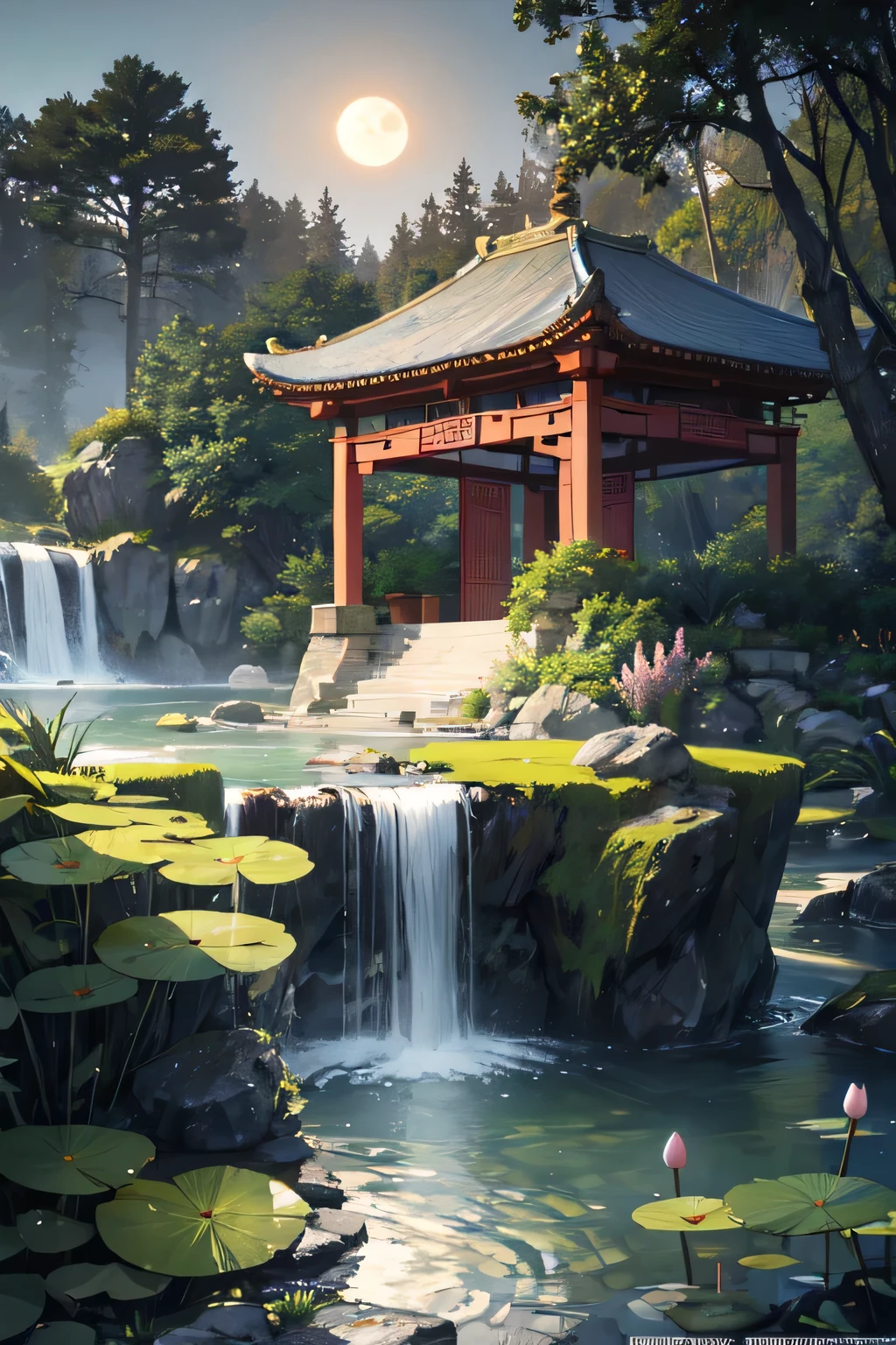 Ancient Chinese architecture, moon, night, garden, bamboo, lake, stone bridge, rockery, arch, corner, rockery, tree, running water, landscape, outdoor, waterfall, grass, rock, water lily, hot spring, water vapor, (Illustration: 1.0 ), Epic Composition, Realistic Lighting, HD Details, Masterpiece, Best Quality, (Very Detailed CG Unity 8k Wallpaper), (Best Quality)