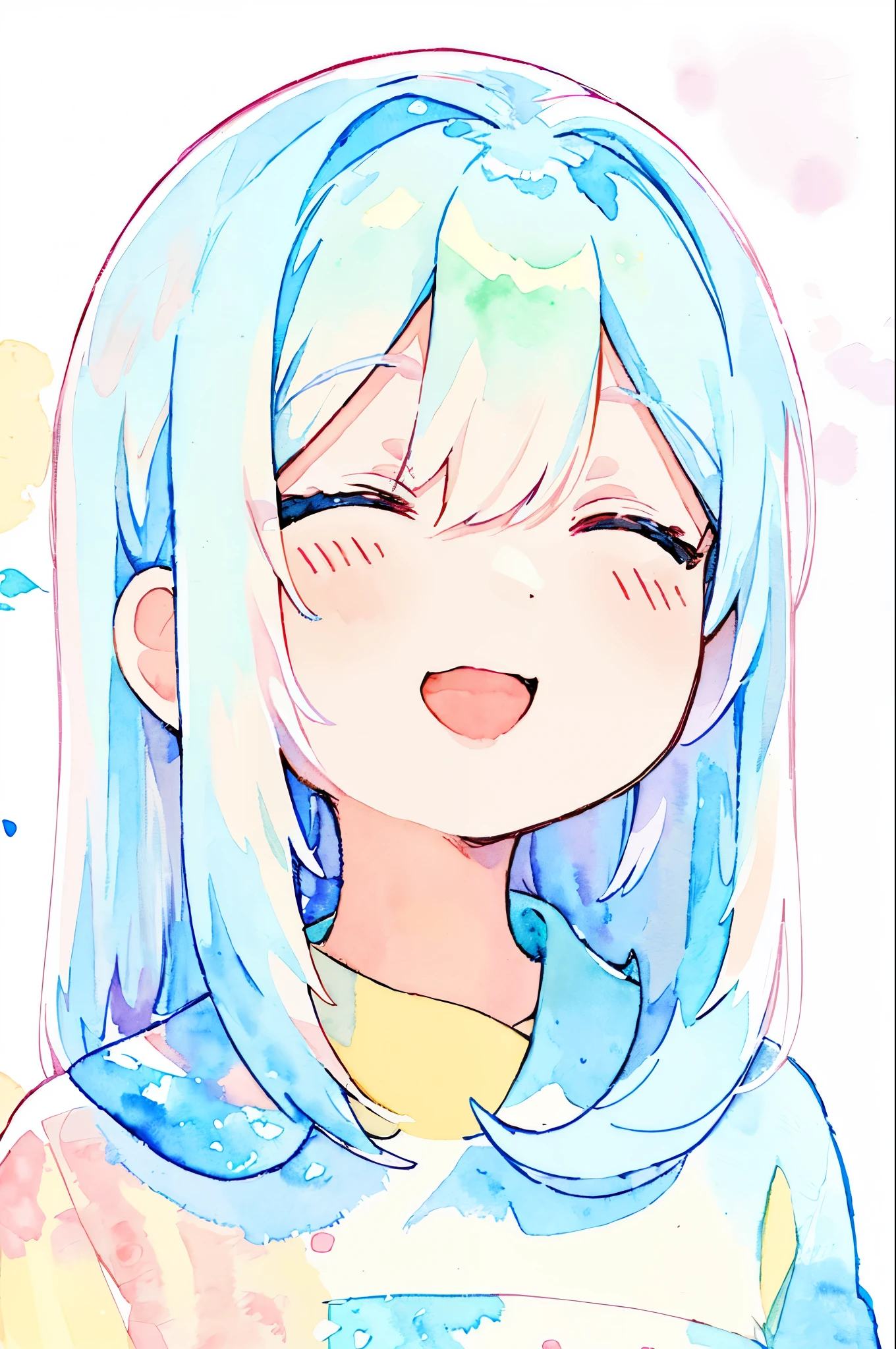 whole body,1 beautiful girl,smiling with open mouth、close your eyes、 (pastel colour:1.5),(cute illustration:1.5),(watercolor:1.2),white background, Mana Ashida