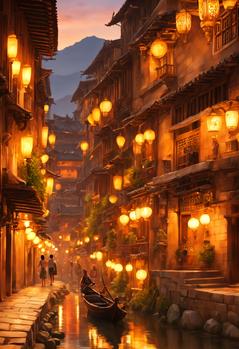 ancient city at sunset, golden glow, ancient architecture, bustling streets, winding alleys, majestic temples, serene river, vibrant marketplace, colorful sunset sky, intricate carvings, cobblestone pathways, aged brick walls, shadowy figures, distant mountains, peaceful atmosphere, soft evening breeze, narrow canals, illuminated lanterns, ancient culture, historical landmarks