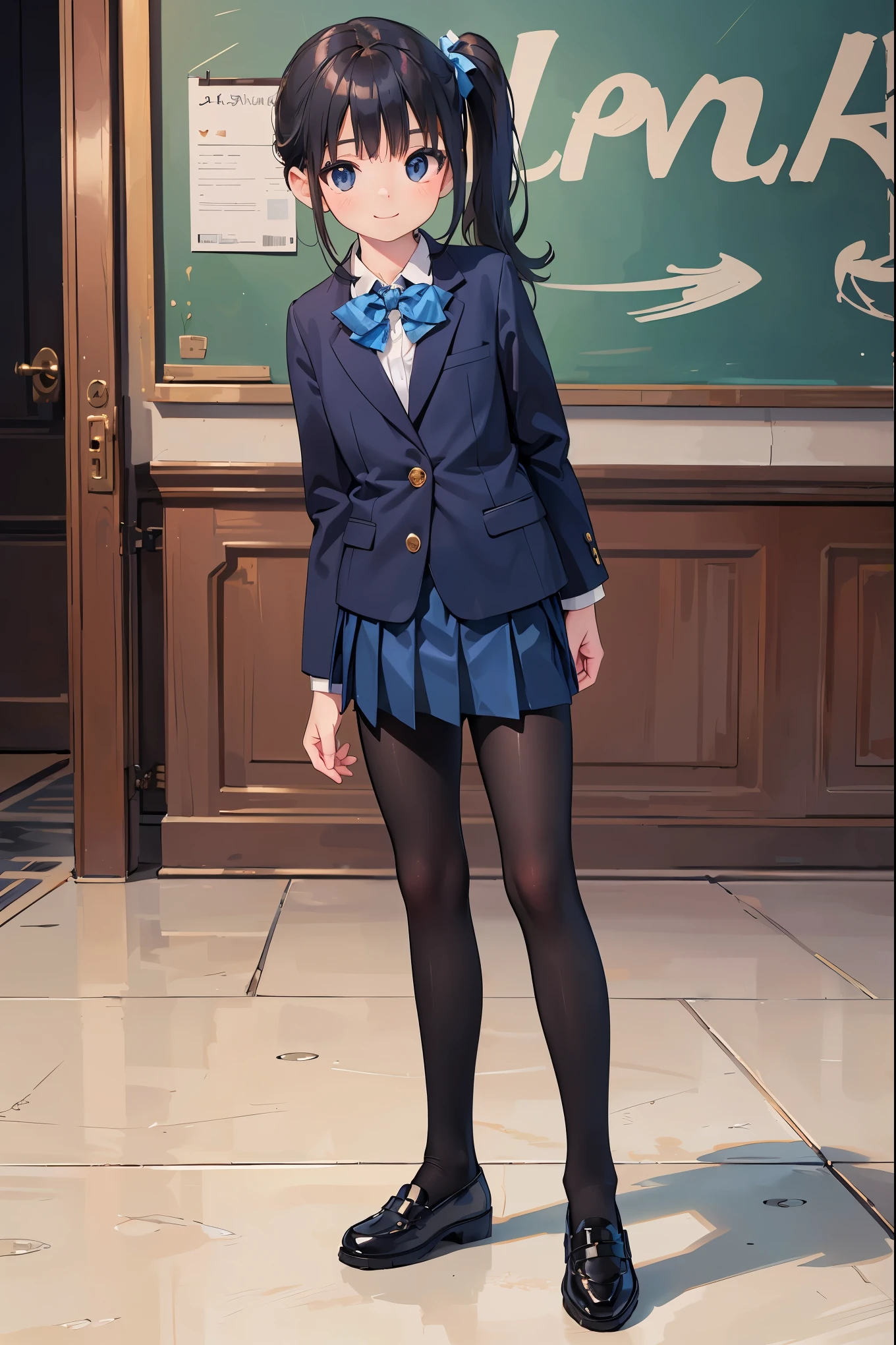 (solo:1.5), (hyperrealistic:1.2), photorealistic, (, , 8yo:1.5), (forehead:0.5), side ponytail, school uniform, blue blazer, blue bowtie, blue skirt, black pantyhose, black flat shoes, seductive smile, (cute pose:1.3), (full body:1.5),, (masterpiece, best quality),
