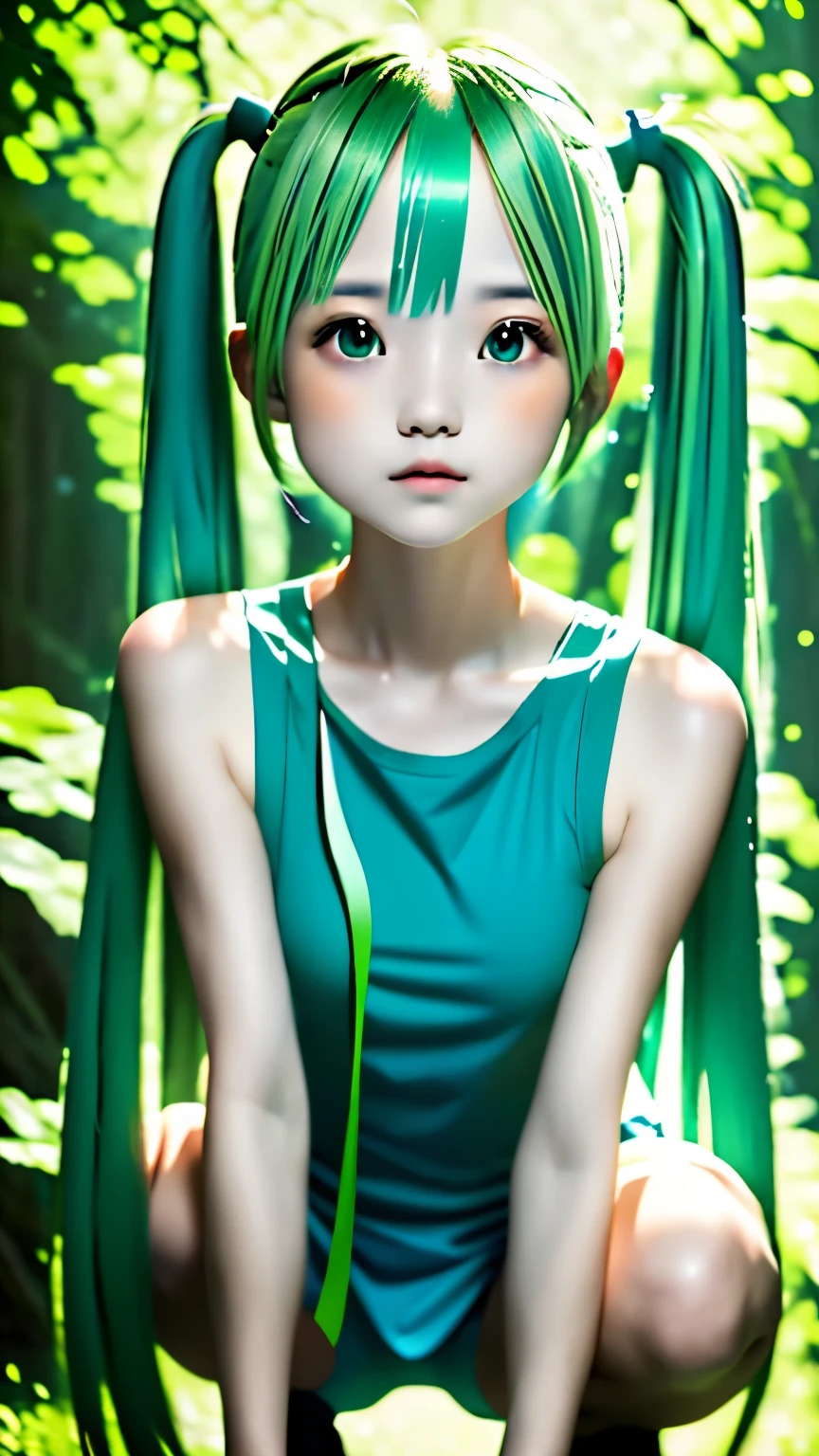 RAW photo、blue green hair,dual horsetail,Sexy,adorable,small eyes、Expressionless,squat,twin tails、Hatsune Miku、official art，unity 8k wallpaper，super detailed，aesthetics，master piece，best quality，Realistic,Photo level、highest quality、Highest image quality、master piece、