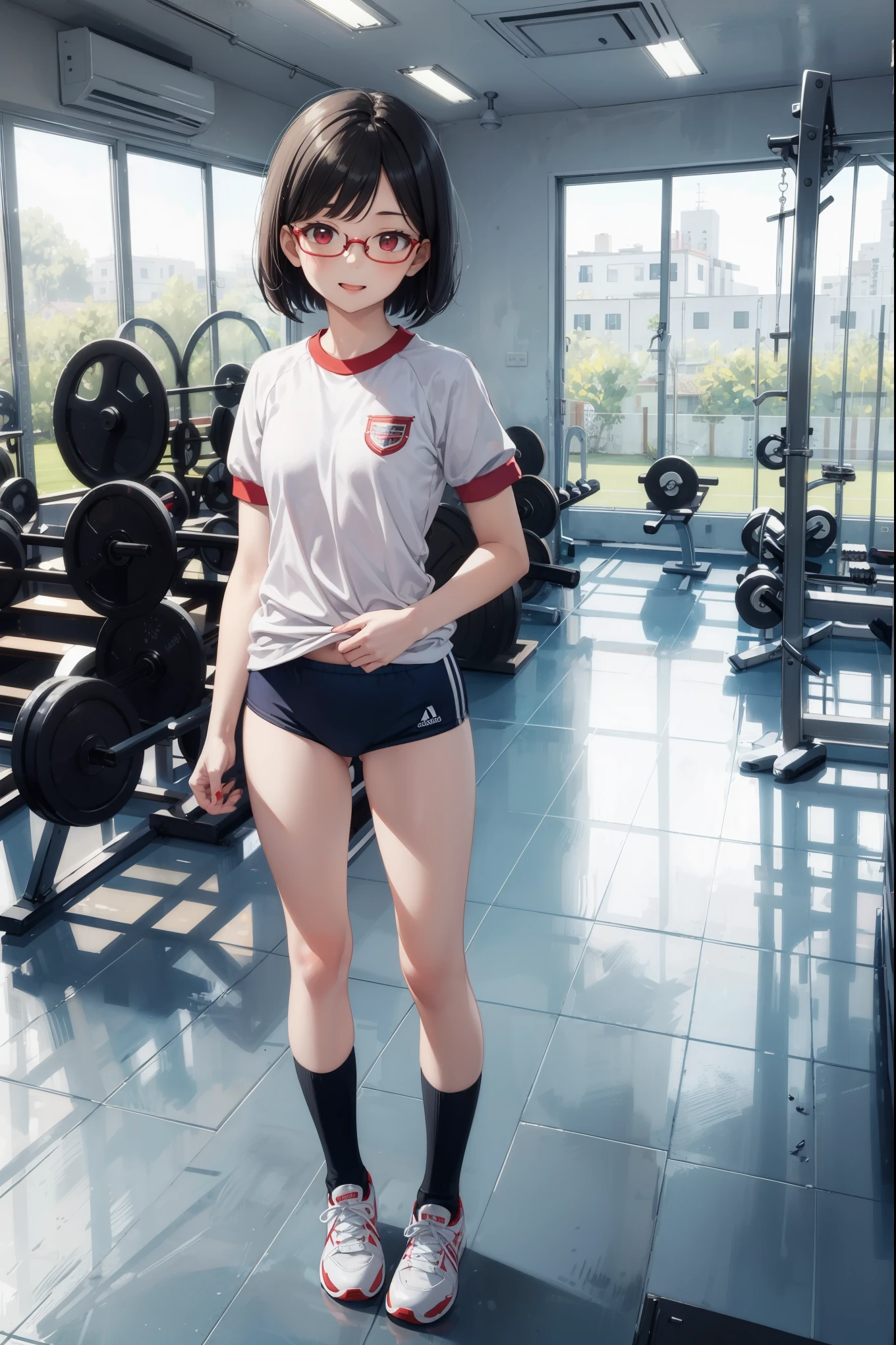 (from side:0.7),(masterpiece:1.2),best quality,illustration,beautiful detailed girl, (petit:1.3),(:1.4),8 years old girl wearing (red buruma:1.2) and (gym uniform:1.2) standing in athletic room,small breasts,looking at viewer,full body,tachi-e, (jyoful,happy:0.8),(open mouth:0.5), (white socks,red indoor shoes:0.7), (short hair,bob cut),(roung glasses:1.1),parted bangs,black hair,red eyes,(cameltoe:0.5)