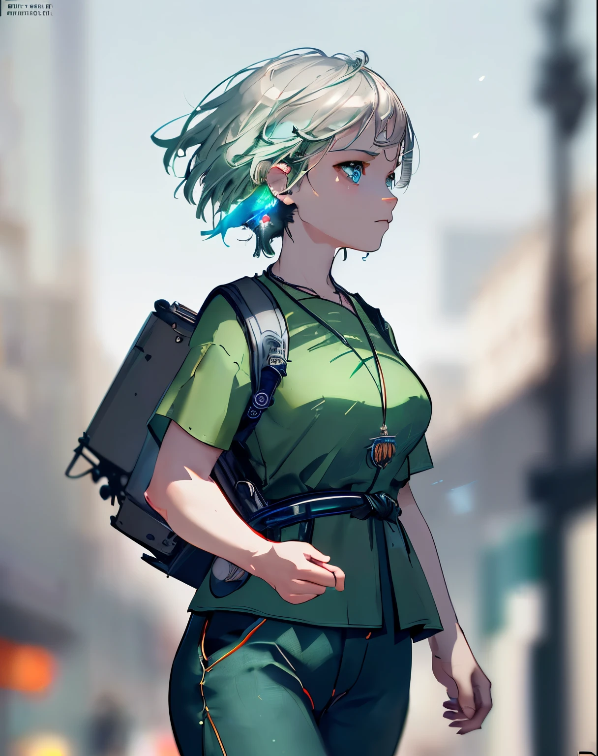 (masterpiece), (extremely intricate:1.3),, (realistic), Masterpiece, Best Quality, 8K, Photographic Reality, Realistic, Octane Rendering, (Shaman),(Only One Woman on the Screen: 1.3), (Green Shirt), (short light blue Hair), (Middle Aged), (Black pants),(silver teardrop pendant), rucksack, (Blue Eyes) Upper Body Display (Asian-American) (Small Breasts) (Green),(((side view))), side, sharp focus, dramatic, award winning, cinematic lighting, octane render, unreal engine, volumetrics dtx, (film grain, bokeh, blurry foreground, blurry background), (running,sprinting,perspiring)