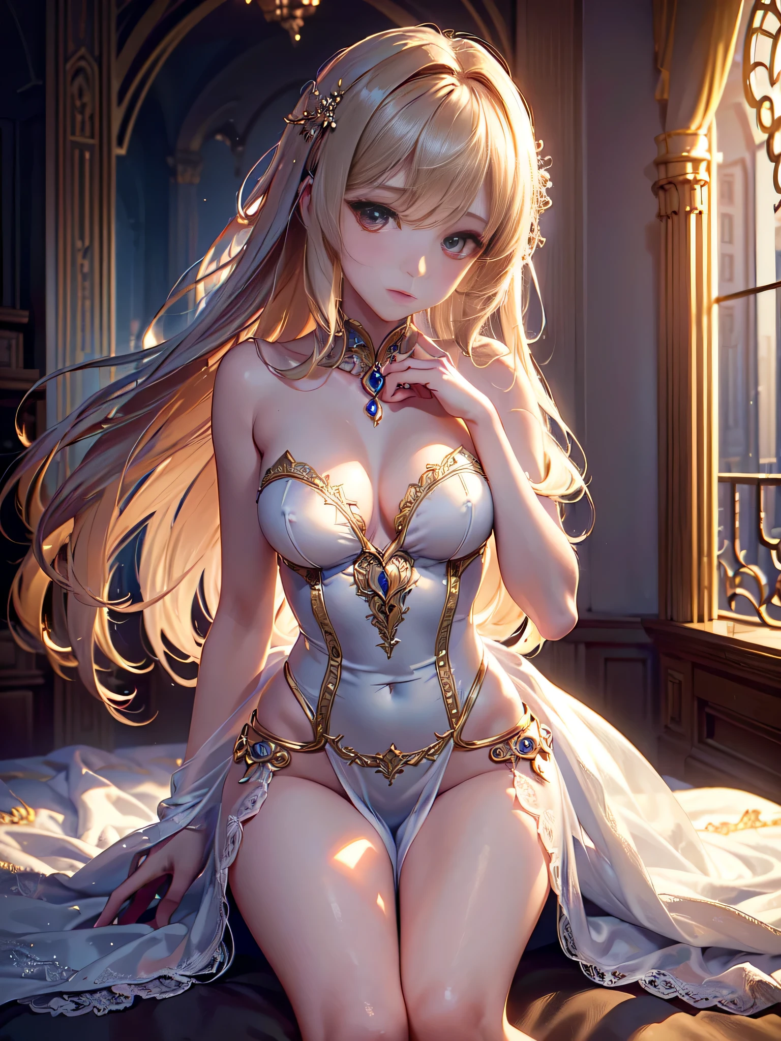 all intricate details: "((Masterpiece, Best quality, High resolution), slim build, (dreamy atmosphere, Soft lighting),(1 character),(Mysterious expression, Elegant Pose),(loose hair, bright eyes),(magic costume, Delicate details))"