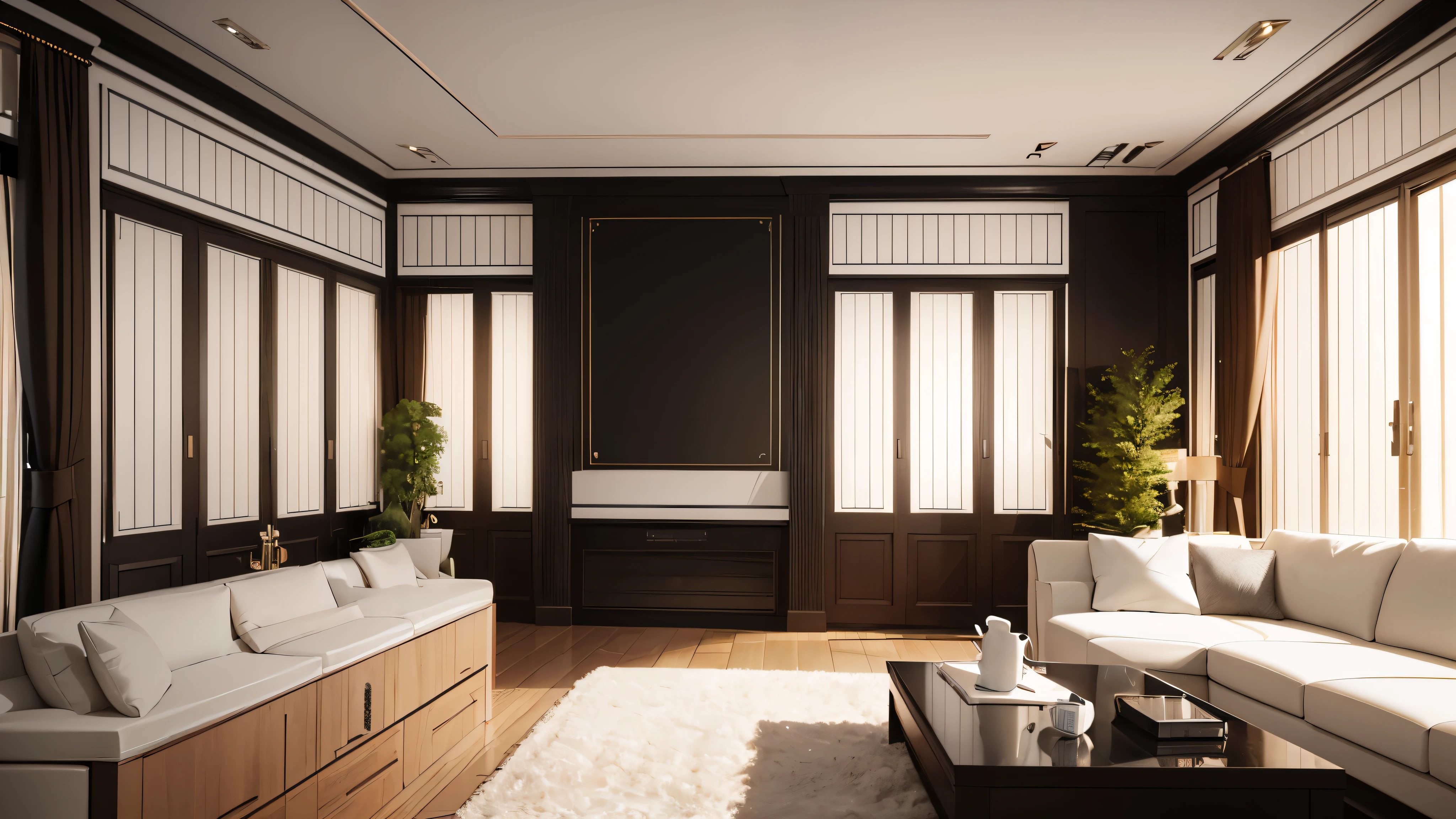 You are a famous interior designer、You have been asked to create a 3D image of a modern large room. Create a harmonious environment with modern and minimalist furniture. Including garden interior.