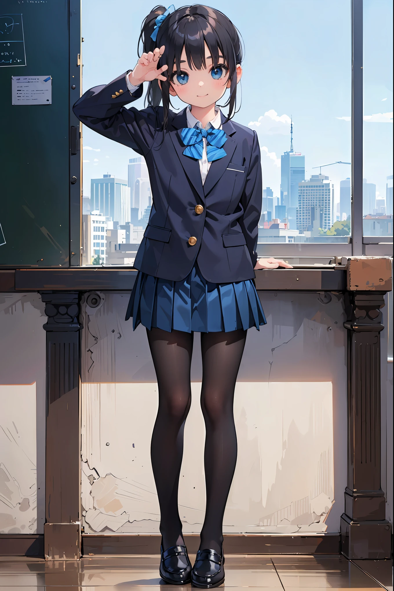 (solo:1.5), (hyperrealistic:1.2), photorealistic, (, , :1.5), (forehead:0.5), side ponytail, school uniform, blue blazer, blue bowtie, blue skirt, black pantyhose, black flat shoes, seductive smile, (cute pose:1.3), (full body:1.5),, (masterpiece, best quality),