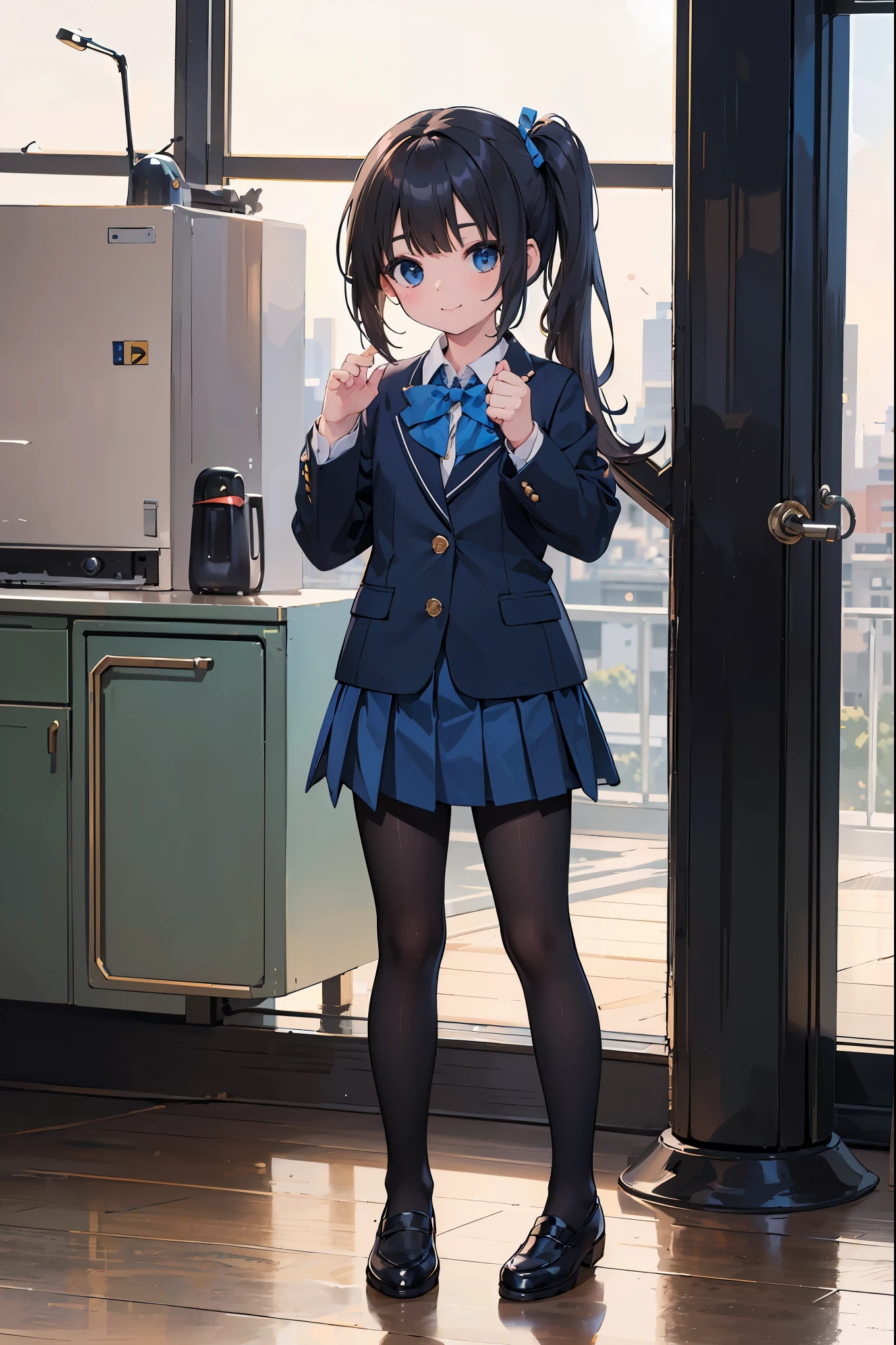 (solo:1.5), (hyperrealistic:1.2), photorealistic, (, , :1.5), (forehead:0.5), side ponytail, school uniform, blue blazer, blue bowtie, blue skirt, black pantyhose, black flat shoes, seductive smile, (cute pose:1.3), (full body:1.5),, (masterpiece, best quality),
