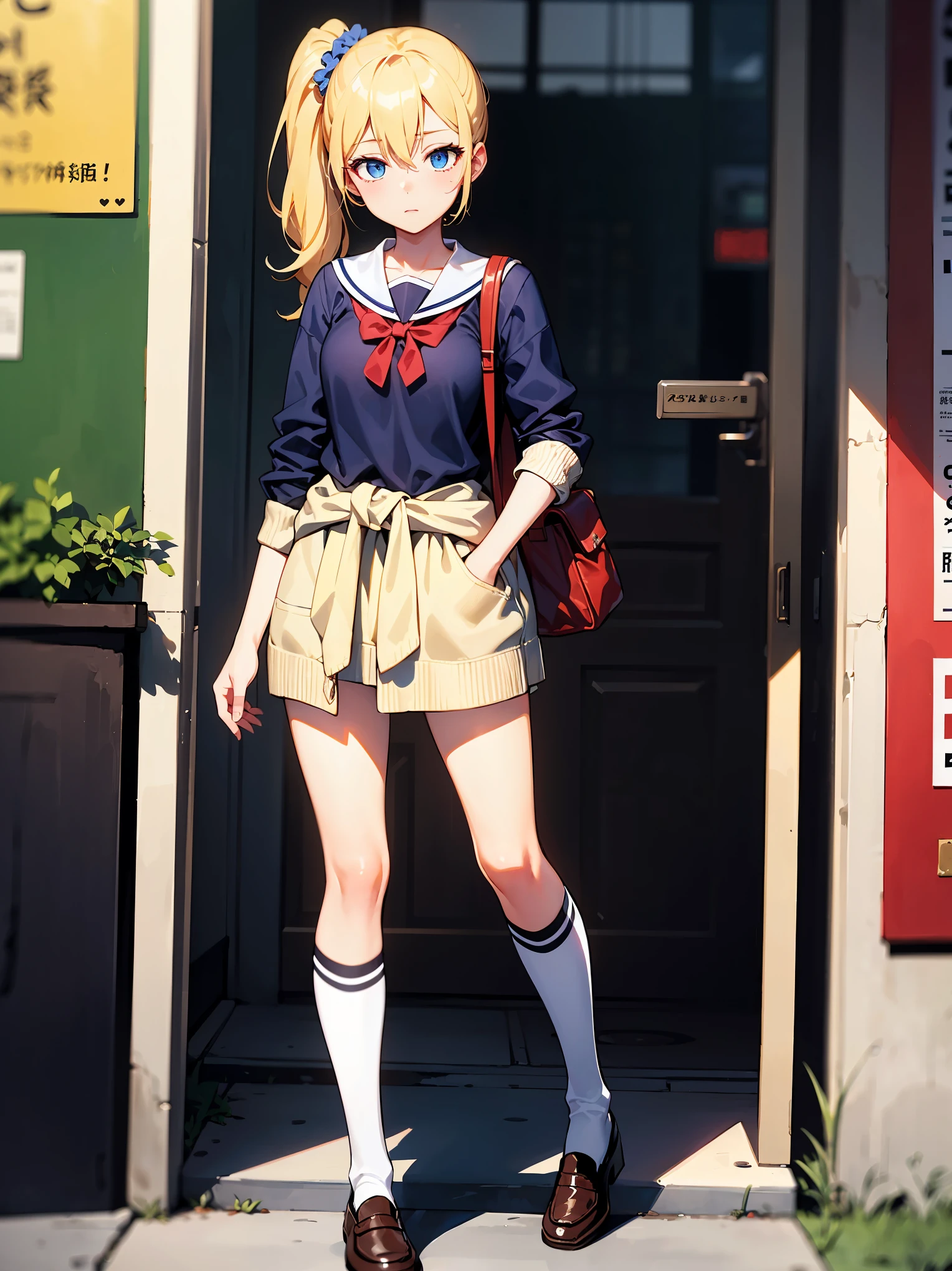 7131(best quality),(masterpiece),(ultra detailed),(highres),production art,1girl, shuuchiin academy school uniform, hayasaka ai, solo, school uniform, blue eyes, blonde hair, side ponytail, clothes around waist, bag, shoes, blue scrunchie, scrunchie, hair ornament, loafers, sweater around waist, hair between eyes, socks, hair scrunchie, shirt, sweater, heart, looking at viewer, full body, standing, white shirt, cardigan, black socks, cardigan around waist, brown footwear, charm (object), bag charm, kneehighs, 