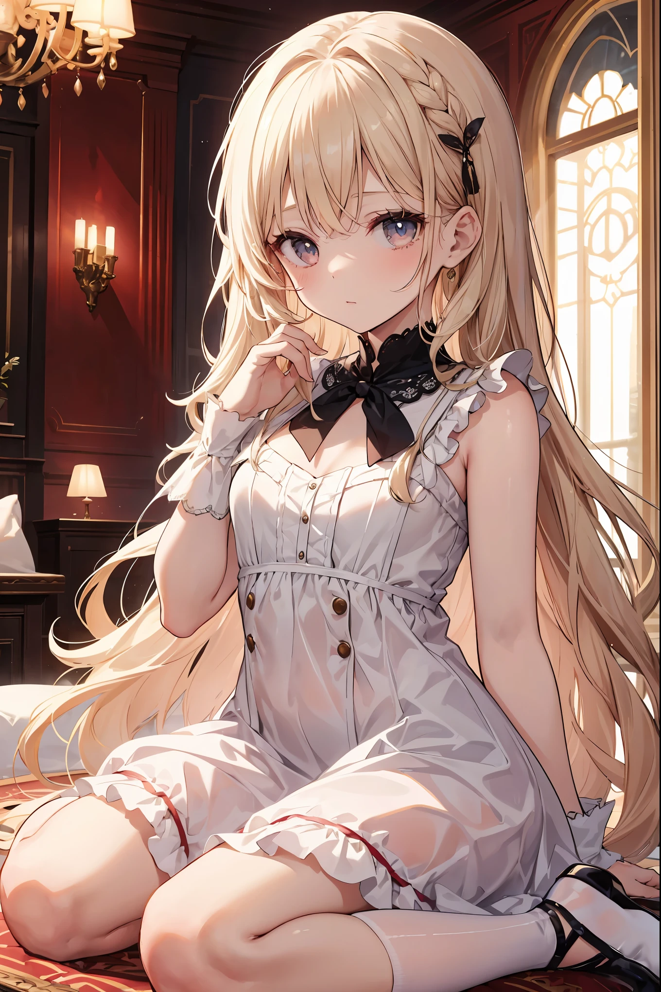 In a fancy room, there sits an adorable girl dressed in a (Bisque Doll-like girl outfit.:1.1) The charming ensemble features a frilly collar and cuffs, along with delicate lace details that accentuate his youthful innocence. Her hair is styled to perfection, with a neat center parting and soft waves that frame her face. she holds herself with an air of sophistication and poise, her gaze fixed ahead as if lost in thought. The room around her is filled with ornate decor, with plush cushions and luxurious drapes adding to the overall sense of elegance. The ambiance is one of refinement and refinement, perfectly suited to the girl's refined appearance. Despite her small stature, there's a quiet confidence that emanates from her, as if she's aware of her own charm and knows how to use it to her advantage. (14yo cute girl:1.2),solo,(solo focus:1.3),wariza,close up shot