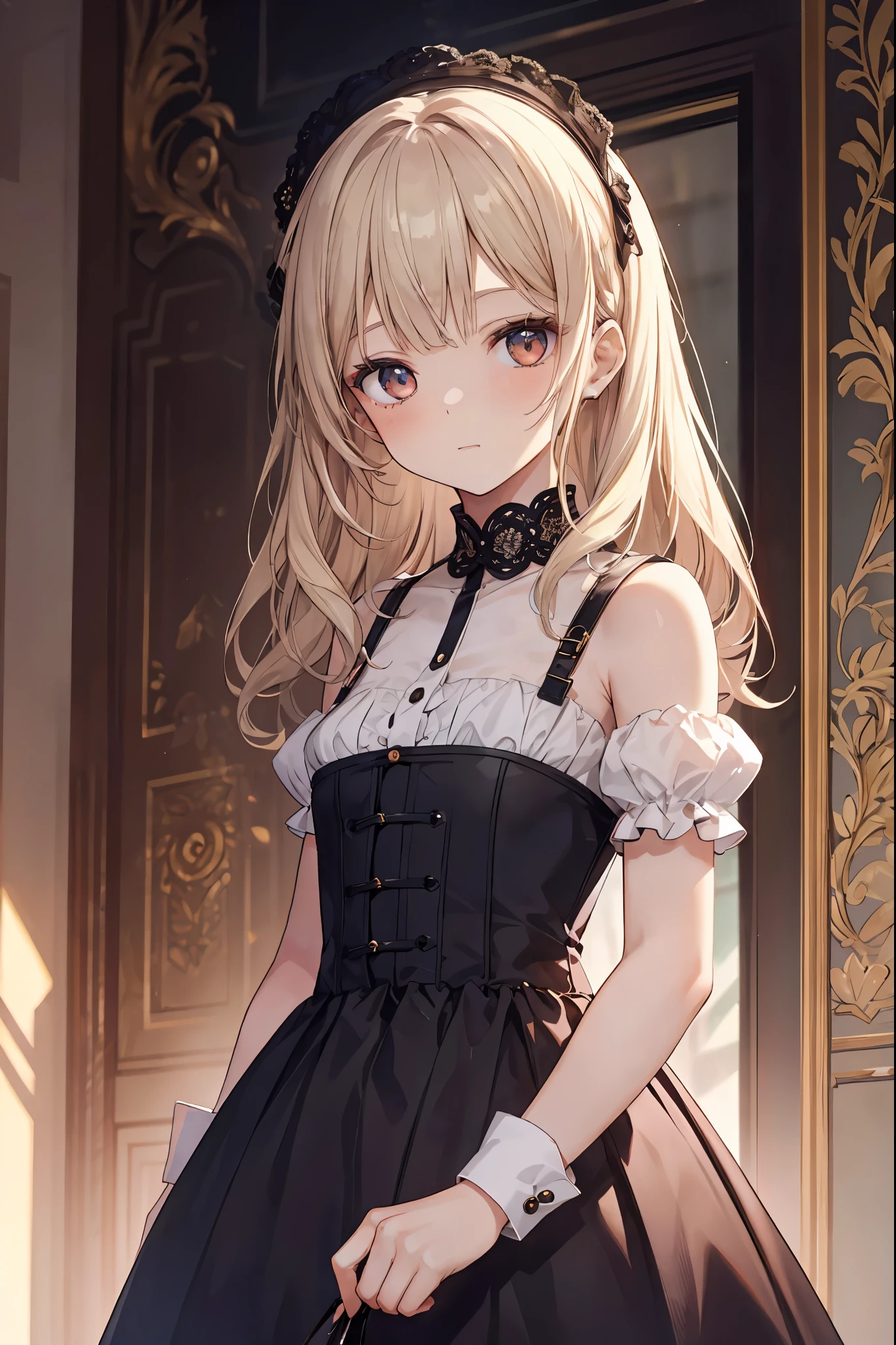 In a fancy room, there sits an adorable girl dressed in a (Bisque Doll-like girl outfit.:1.1) The charming ensemble features a frilly collar and cuffs, along with delicate lace details that accentuate his youthful innocence. Her hair is styled to perfection, with a neat center parting and soft waves that frame her face. she holds herself with an air of sophistication and poise, her gaze fixed ahead as if lost in thought. The room around her is filled with ornate decor, with plush cushions and luxurious drapes adding to the overall sense of elegance. The ambiance is one of refinement and refinement, perfectly suited to the girl's refined appearance. Despite her small stature, there's a quiet confidence that emanates from her, as if she's aware of her own charm and knows how to use it to her advantage. (yo cute girl:1.2),solo,(solo focus:1.3),wariza,close up shot