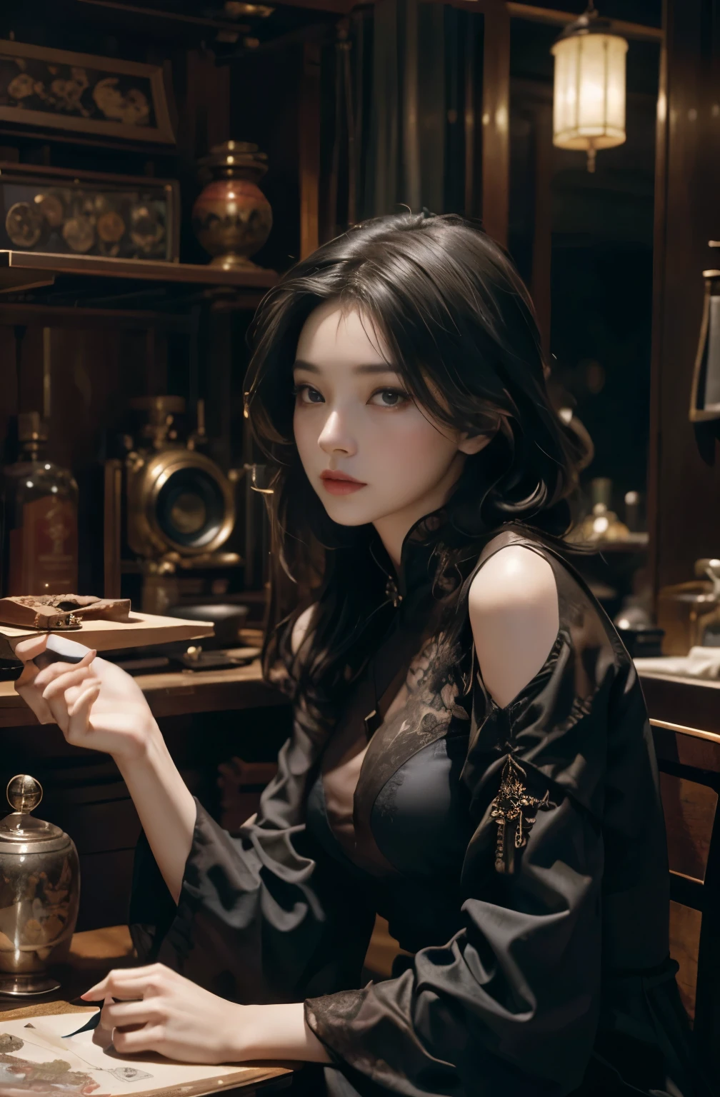 A painting of a beautiful young woman standing quietly, Beautiful woman in her late 20s, 美しいHongkongの夜景, flower of society, She is wearing an elegant purple cheongsam, Gwaites style artwork, Artjam and Ati Gailan, beautiful character drawings, by Jan J., style art germ, Artjam and Luan Jia, art germ style, Ruan Jia and Artgerm, highest quality, masterpiece, perfect angle of view, perfect composition, best shot, official art, cinematic light, figurative art, Beautiful and expressive paintings, Beautiful artwork illustration, wonderful, cool beauty, clear, Mysterious, women only, sharp outline, In the middle of a conspiracy, The face behind the scenes, dark government official, dark mission, first class agent, government agent, Top big-name spy, A talented female spy, beautiful female spy, Beautiful slit eyes, quite beautiful face, Spy, Spy X21, carry a concealed gun and knife, Eyes without pupils, color eye, ideal anima, nostalgia, 1930s, Hongkong, beautiful cityscape, sepia memories, unforgettable woman, Full body Esbian