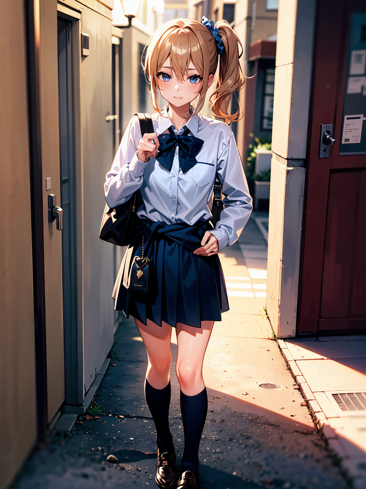 7131(best quality),(masterpiece),(ultra detailed),(highres),production art,1girl, shuuchiin academy school uniform, hayasaka ai, solo, school uniform, blue eyes, blonde hair, side ponytail, clothes around waist, bag, shoes, blue scrunchie, scrunchie, hair ornament, loafers, sweater around waist, hair between eyes, socks, hair scrunchie, shirt, sweater, heart, looking at viewer, full body, standing, white shirt, cardigan, black socks, cardigan around waist, brown footwear, charm (object), bag charm, kneehighs,