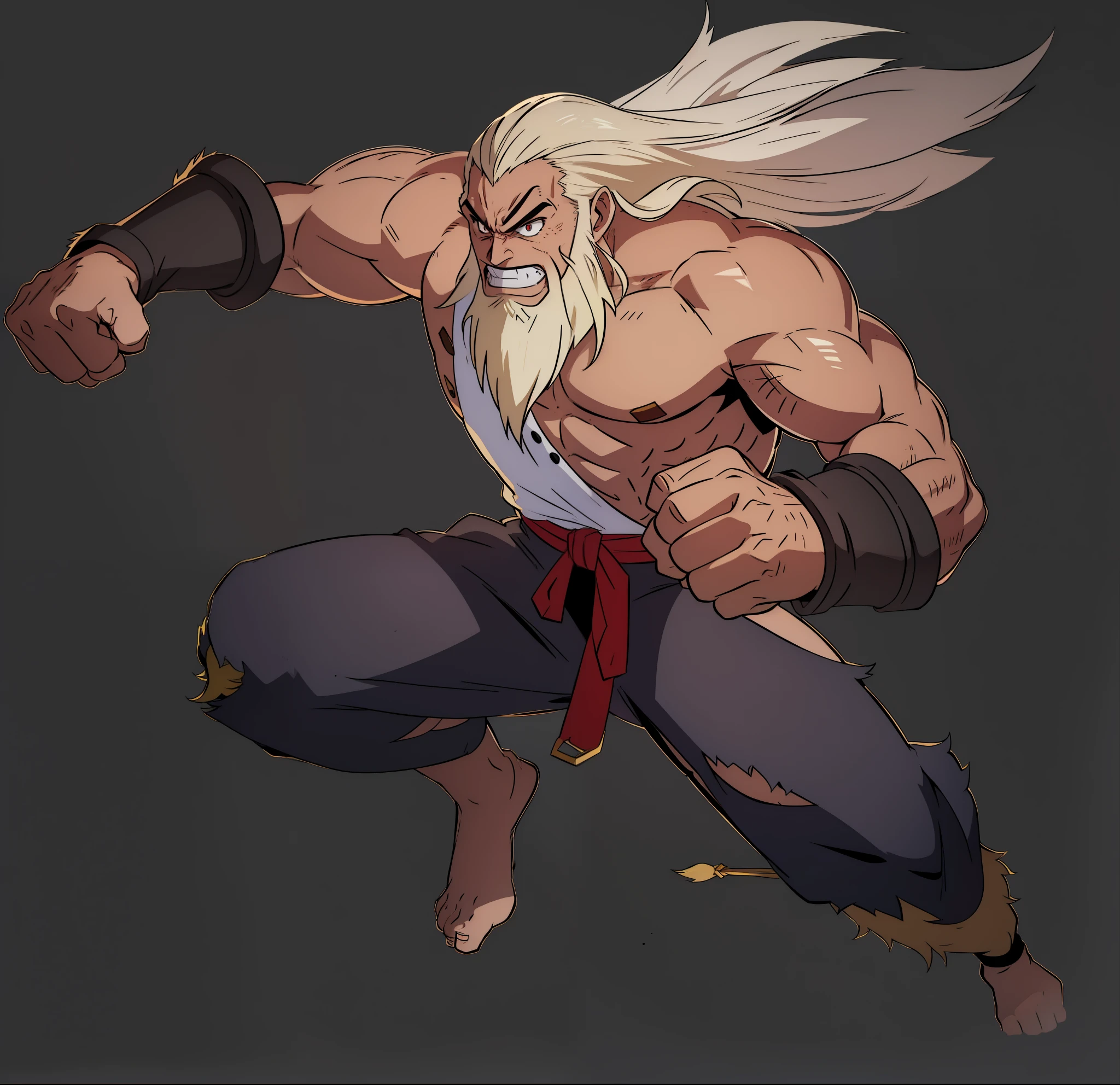 Handsome uncle with long blond hair，Golden eyebrows，blonde，long golden beard，Muscles all over the body，Punch your fist，Angry eyes，Red eyes，Tooth grinned，Handsome and domineering，，cold expression，fights，Wearing white top and gray pants