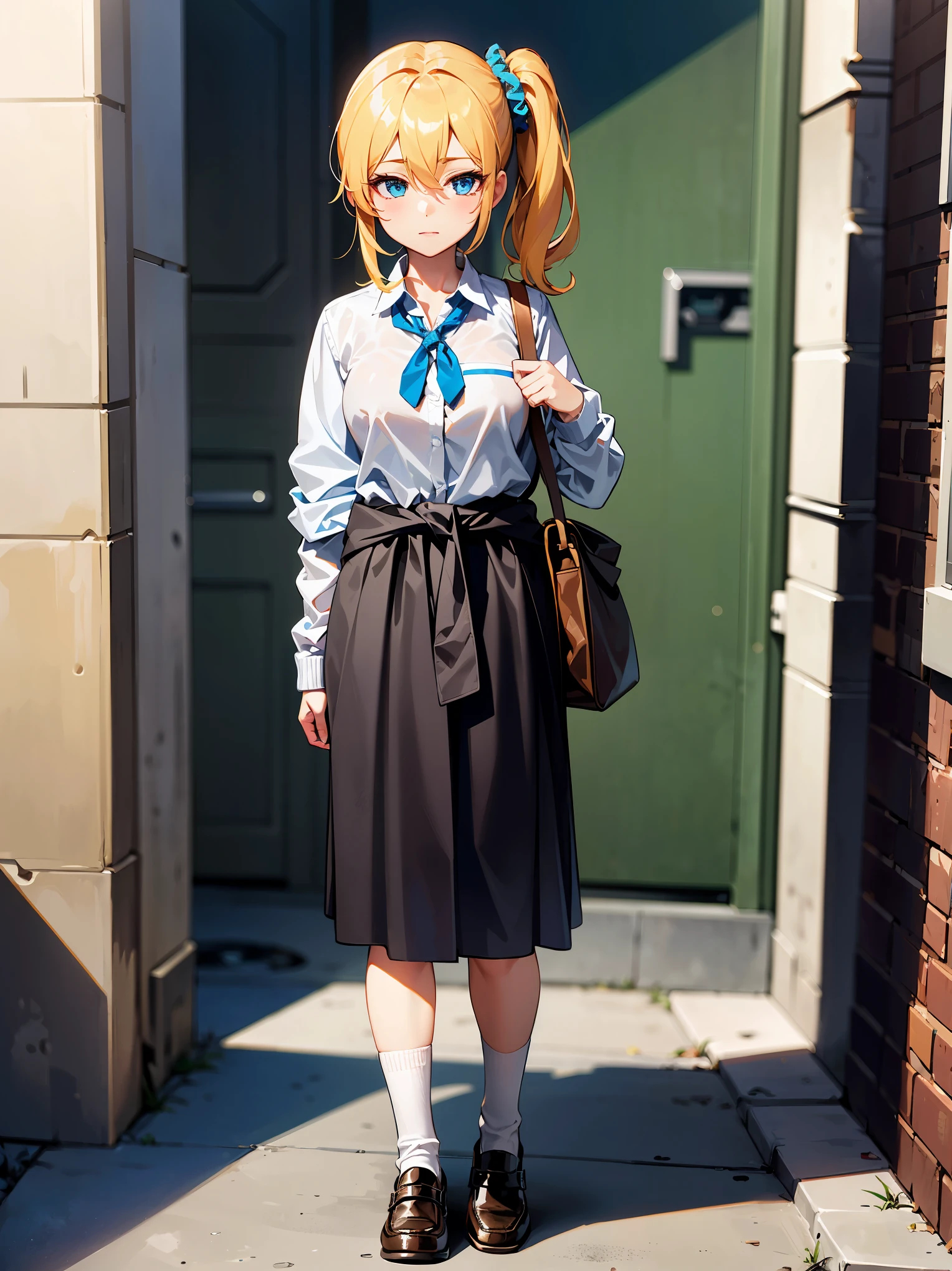 7131(best quality),(masterpiece),(ultra detailed),(highres),production art,1girl, shuuchiin academy school uniform, hayasaka ai, solo, school uniform, blue eyes, blonde hair, side ponytail, clothes around waist, bag, shoes, blue scrunchie, scrunchie, hair ornament, loafers, sweater around waist, hair between eyes, socks, hair scrunchie, shirt, sweater, heart, looking at viewer, full body, standing, white shirt, cardigan, black socks, cardigan around waist, brown footwear, charm (object), bag charm, kneehighs,