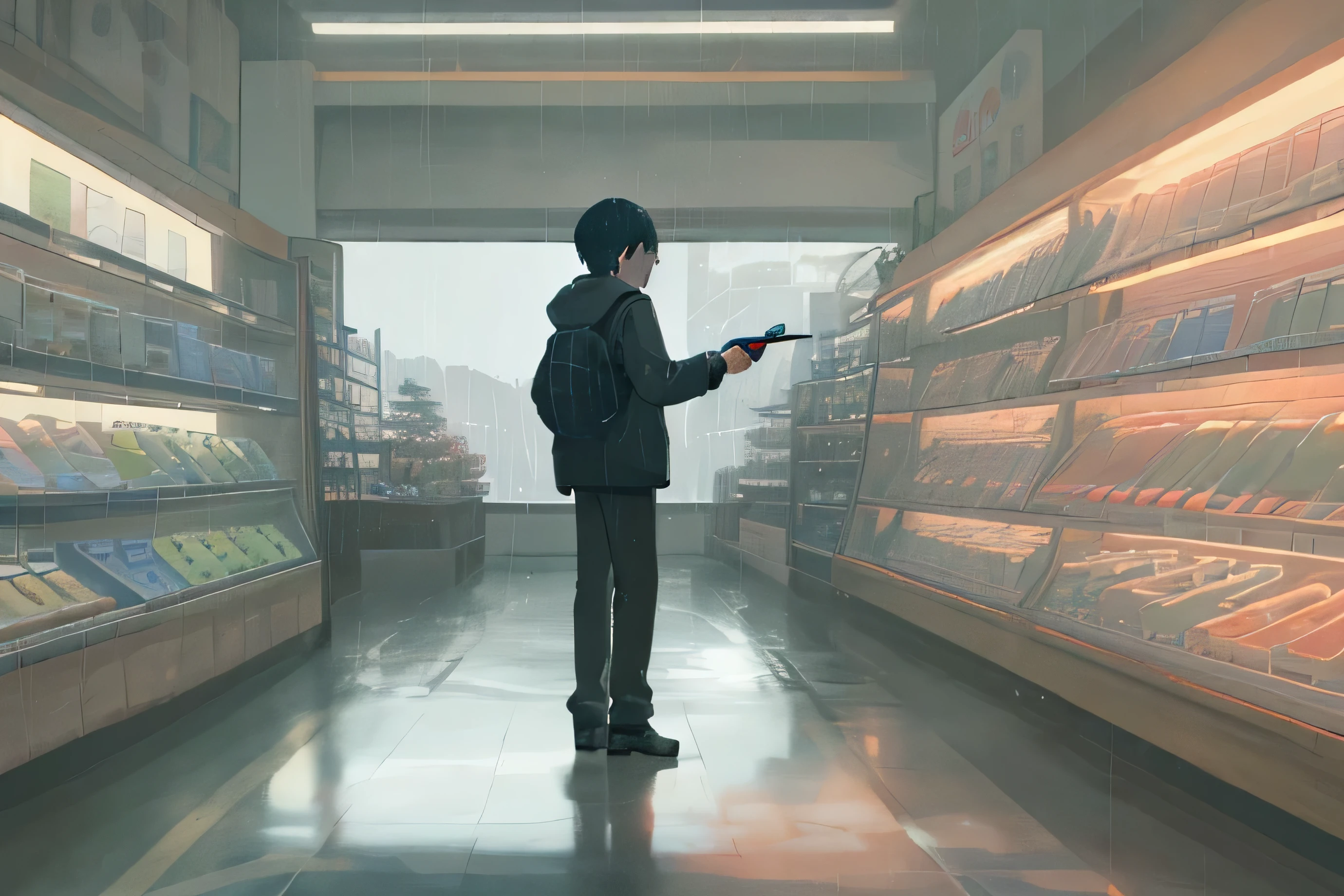 llustrate the boy in the 77 store, surrounded by the soft glow of the interior lights, with raindrops sliding down the store windows.Create an image of the boy arranging items on the shelves, capturing the solitude of the late-night hours, enhanced by the rainy ambiance outside.Highlight the reflections of the store interior in rain-soaked pavement, showcasing the boy inside, absorbed in his tasks as the rain intensifies outside.. --ar 16:9 --v 5.1 --style raw --q 2 --s 750