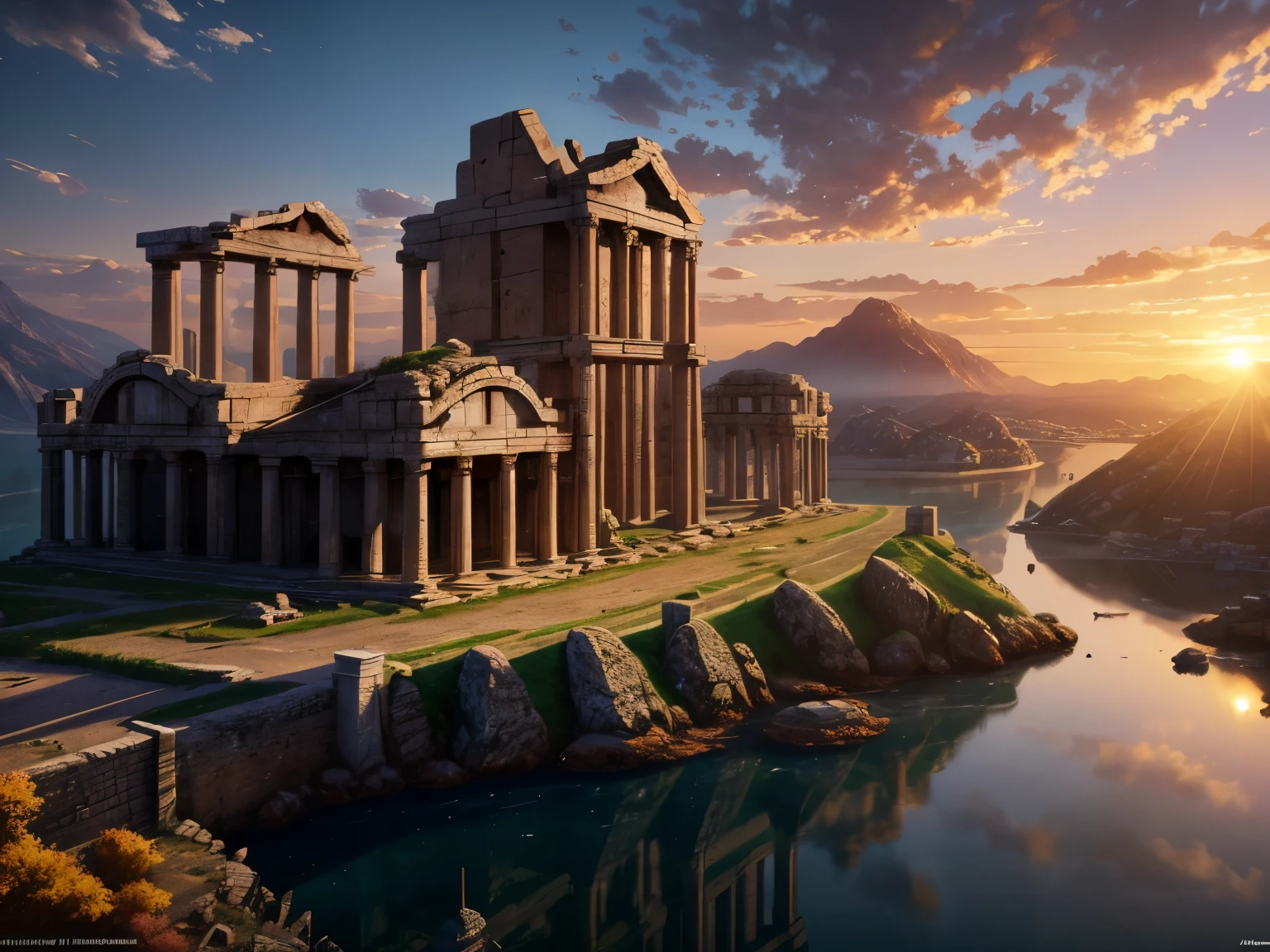 Ancient City at Sunset,an ancient roman city at the top of a mountain, artstation, volumetric light, high detail, reflections, perfect, concept art, hdr, 4 k, 8 k, sharp focus, octane render, by greg rutkowski and alphonse mucha and loish and wlop, trending on artstation, behance, dev