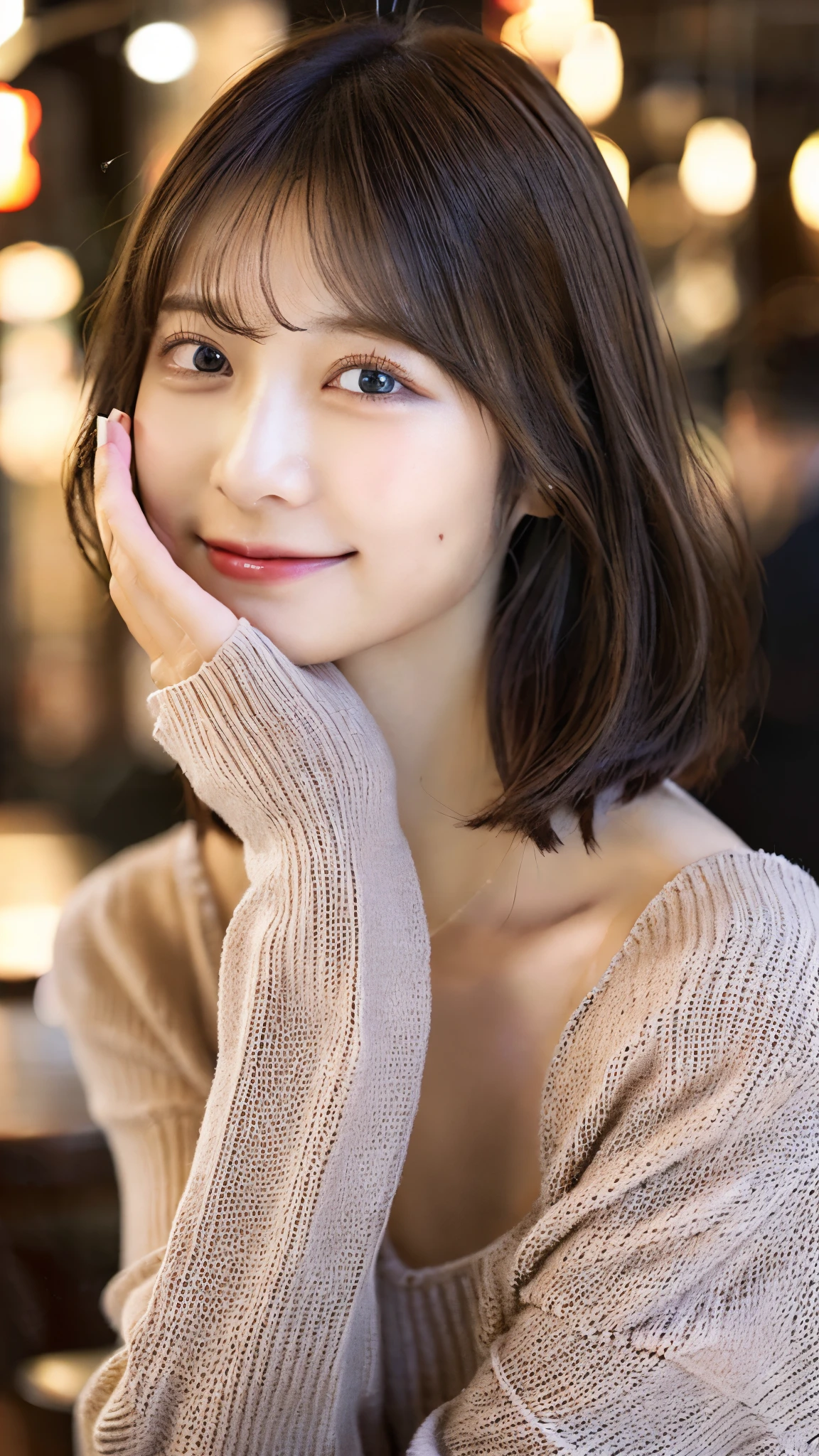 (masterpiece:1.3), (8K, Photoreal, Raw photo, best image quality: 1.4), Japanese high school girl、(random hairstyle:1.2)、cleavage:1.2、super detail face、eye for details、double eyelid、chest to chest、sharp focus:1.2、Beautiful woman:1.4、light brown hair、highest quality、masterpiece、Super high resolution、(Photoreal:1.4)、Highly detailed and professionally lit smiles、loose and light knitwear、shoulder out、thin、serious expression、short haired、deadly position、Nogizaka Idol、korean idol、Gravure idol pose、actress、25 years old、expensive、Cafe、restaurant、Glamour、side、profile、raise both hands、tying hair、seaside