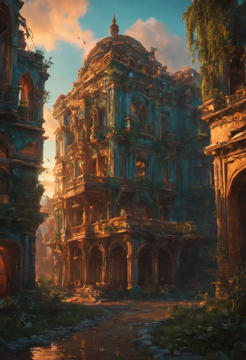 Ancient City at Sunset, detailed matte painting, deep color, fantastical, intricate detail, splash screen, complementary colors, fantasy concept art, 8k resolution trending on Artstation Unreal Engine 5 intricate details, HDR, beautifully shot, hyperrealistic, sharp focus,  megapixels, perfect composition, high contrast, cinematic, atmospheric, moody Epic cinematic brilliant stunning intricate meticulously detailed dramatic atmospheric maximalist digital matte painting 8k resolution concept art by Greg Rutkowski dynamic lighting hyperdetailed intricately detailed Splash art trending on Artstation triadic colors Unreal Engine 5 volumetric lighting Alphonse Mucha WLOP Jordan Grimmer orange and teal 