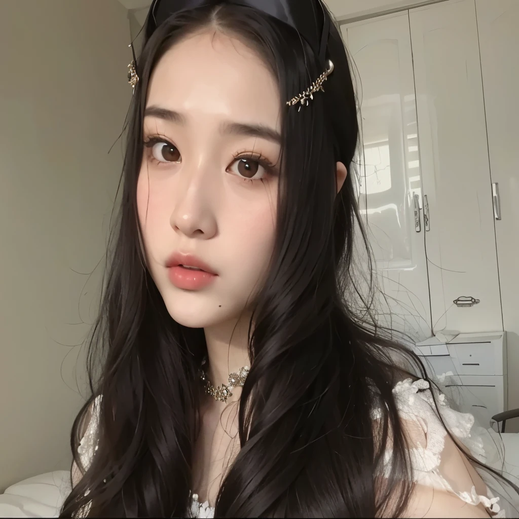 a close up of a woman with long hair wearing a headband, beautiful asian girl, popular korean makeup, with long hair and piercing eyes, ulzzang, cruel korean goth girl, asian features, sakimichan, korean girl, beautiful aesthetic face, korean face features, south east asian with round face, popular south korean makeup, beautiful south korean woman