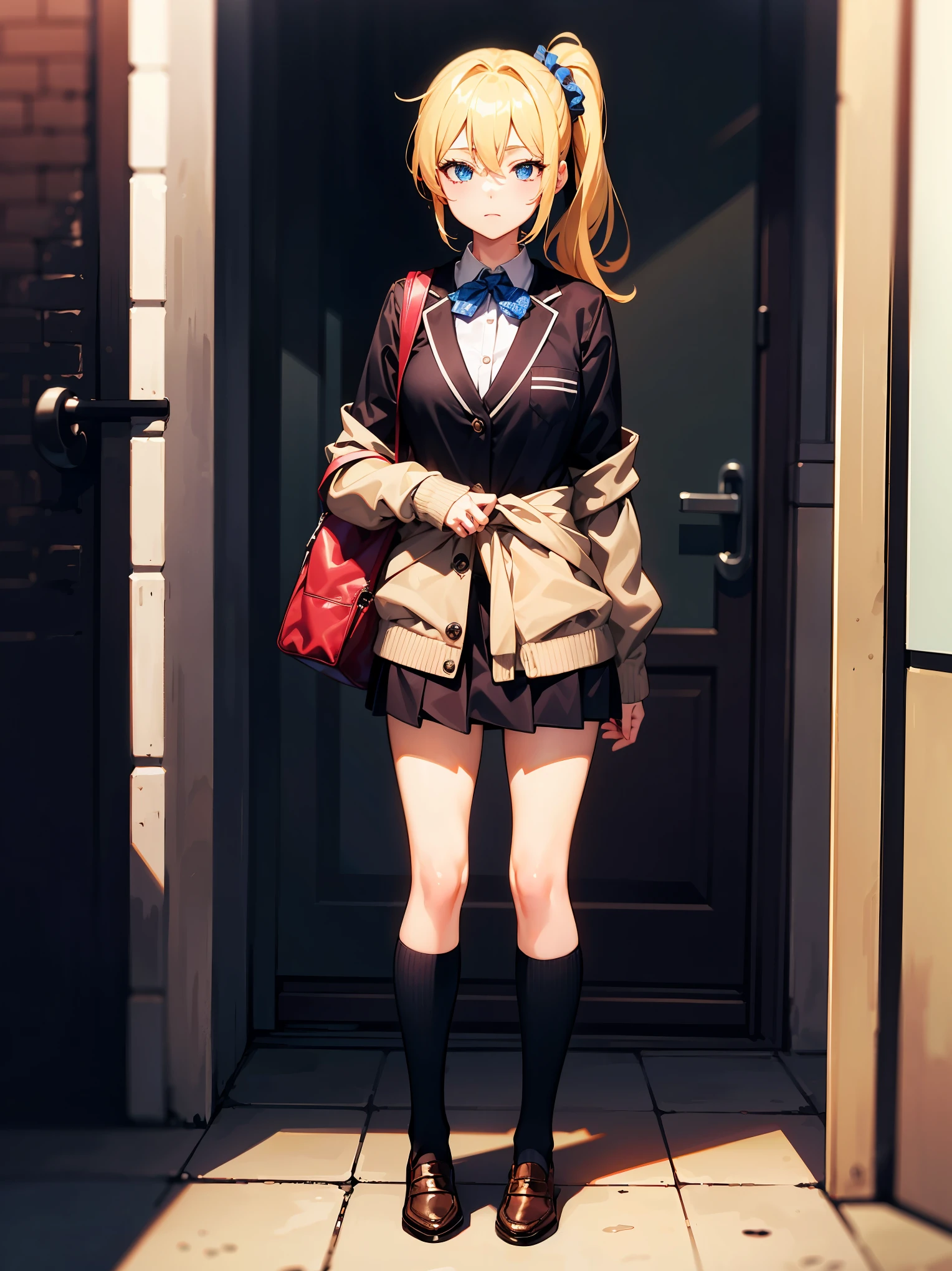 7131(best quality),(masterpiece),(ultra detailed),(highres),production art,1girl, shuuchiin academy school uniform, hayasaka ai, solo, school uniform, blue eyes, blonde hair, side ponytail, clothes around waist, bag, shoes, blue scrunchie, scrunchie, hair ornament, loafers, sweater around waist, hair between eyes, socks, hair scrunchie, shirt, sweater, heart, looking at viewer, full body, standing, white shirt, cardigan, black socks, cardigan around waist, brown footwear, charm (object), bag charm, kneehighs, 