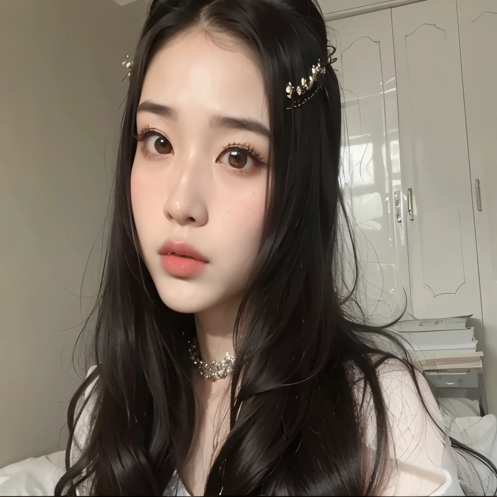 a close up of a woman with long hair wearing a headband, beautiful asian girl, popular korean makeup, with long hair and piercing eyes, ulzzang, cruel korean goth girl, asian features, sakimichan, korean girl, beautiful aesthetic face, korean face features, south east asian with round face, popular south korean makeup, beautiful south korean woman