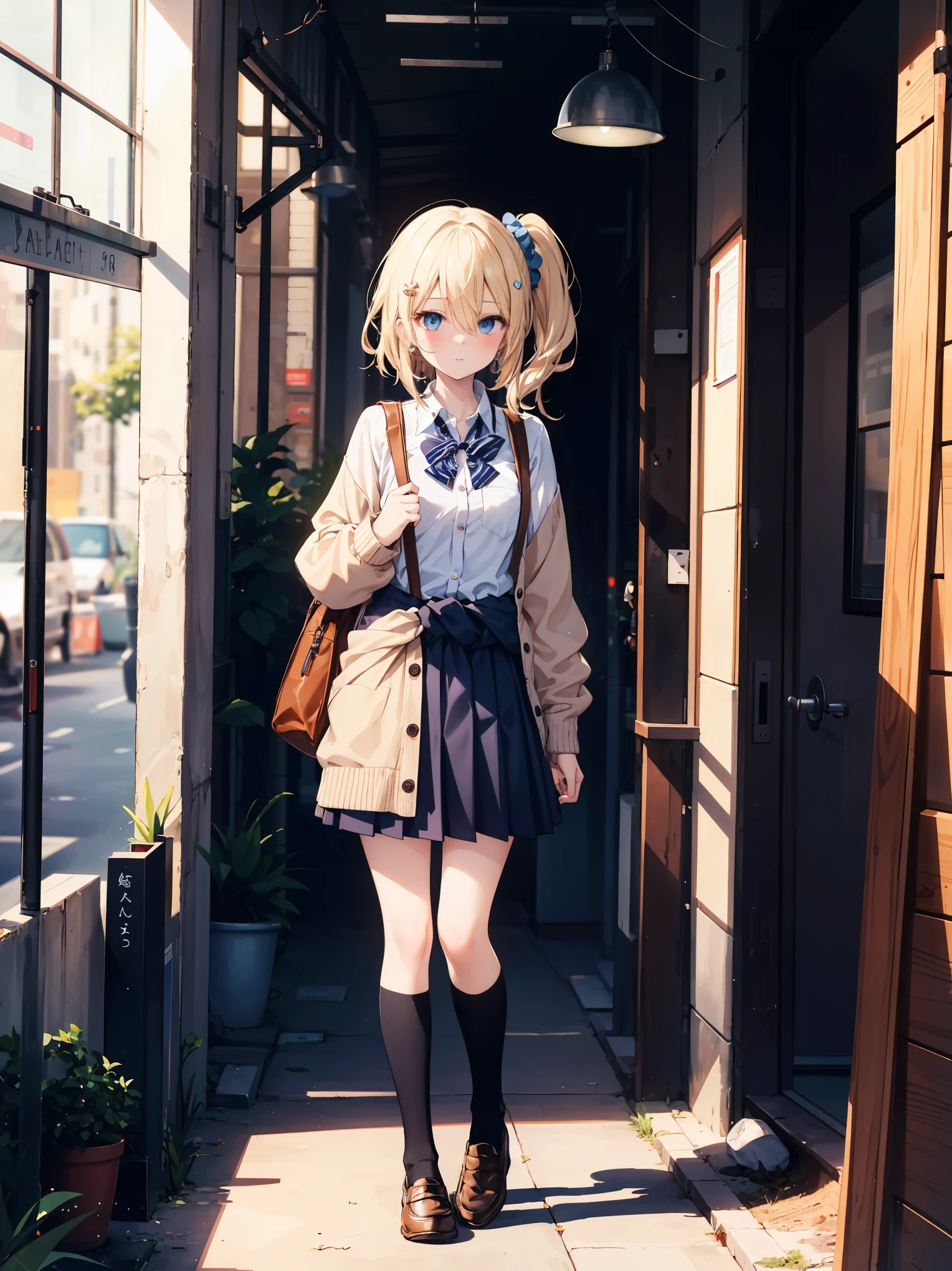 (best quality),(masterpiece),(ultra detailed),(highres),production art,1girl, shuuchiin academy school uniform, hayasaka ai, solo, school uniform, blue eyes, blonde hair, side ponytail, clothes around waist, bag, shoes, blue scrunchie, scrunchie, hair ornament, loafers, sweater around waist, hair between eyes, socks, hair scrunchie, shirt, sweater, heart, looking at viewer, full body, standing, white shirt, cardigan, black socks, cardigan around waist, brown footwear, charm (object), bag charm, kneehighs, 