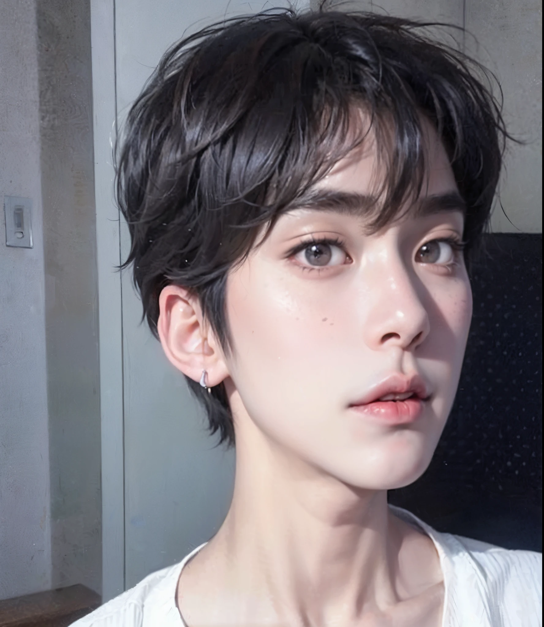 Arafed Asian woman with short black hair and white shirt., kim doyoung, Con pelo corto, Jinyoung Shin, pale korean adorable face, pintar ulzzang, 1 7-year-old boy with a thin face, Jung Jaehyun, delicate androgynous prince, joven y adorable rostro coreano, androgynous face, ulzzang, korean symmetrical face, stray kids, han jisung, han