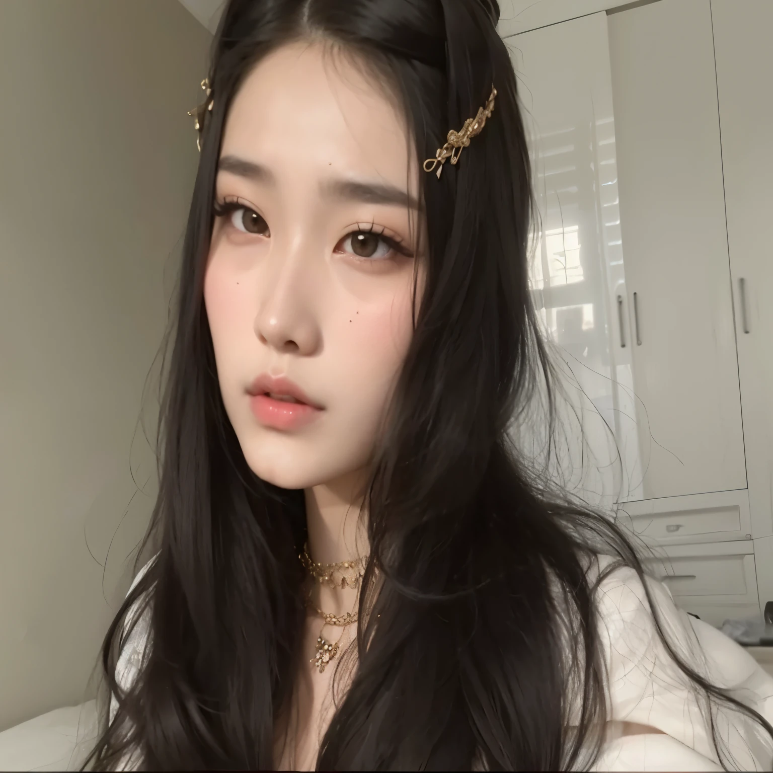a close up of a woman with long hair wearing a headband, beautiful asian girl, popular korean makeup, ulzzang, with long hair and piercing eyes, cruel korean goth girl, asian features, sakimichan, korean face features, korean girl, beautiful aesthetic face, south east asian with round face, popular south korean makeup, beautiful south korean woman