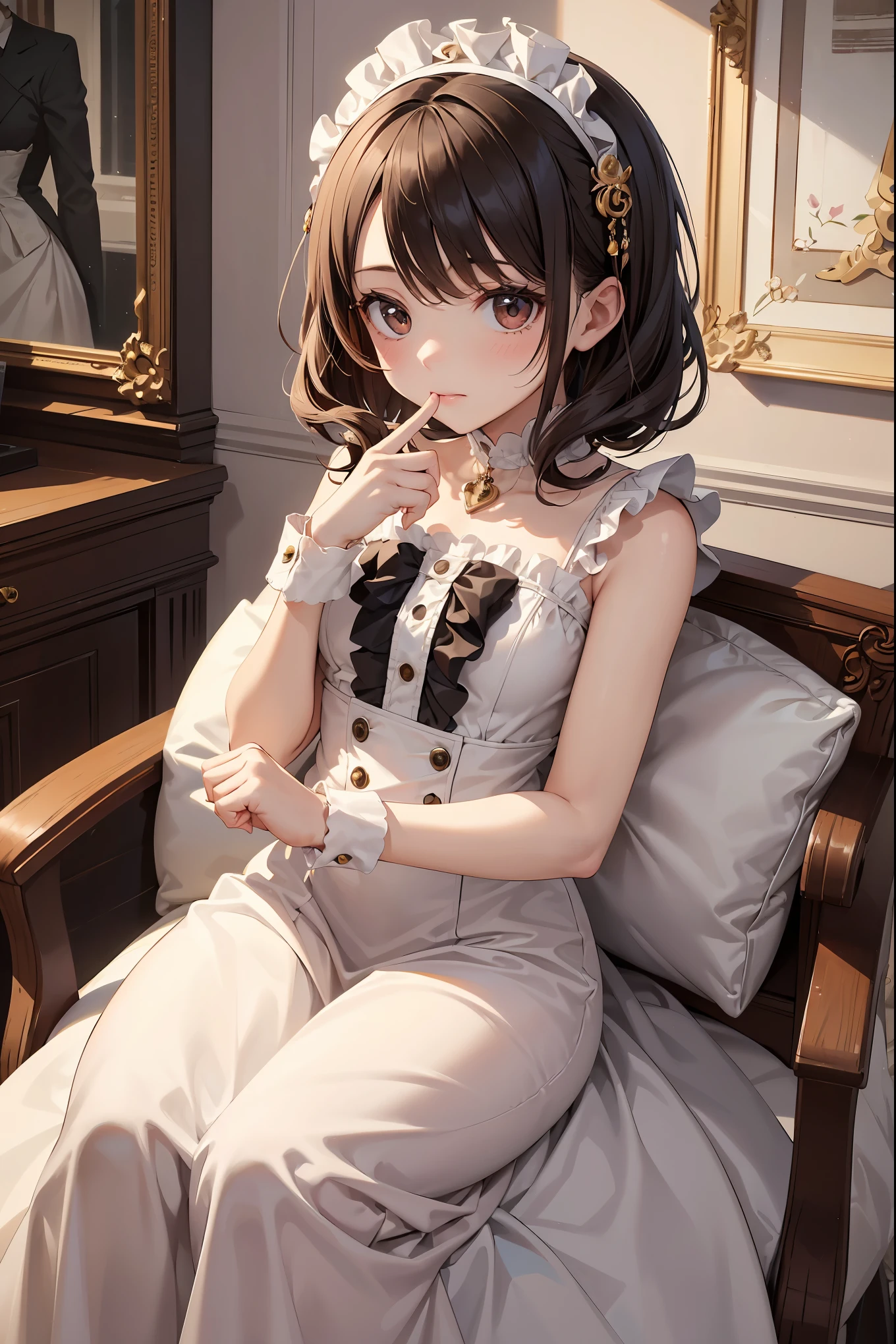 In a fancy room, there sits an adorable girl dressed in a (Bisque Doll-like girl outfit.:1.1) The charming ensemble features a frilly collar and cuffs, along with delicate lace details that accentuate his youthful innocence. Her hair is styled to perfection, with a neat center parting and soft waves that frame her face. she holds herself with an air of sophistication and poise, her gaze fixed ahead as if lost in thought. The room around her is filled with ornate decor, with plush cushions and luxurious drapes adding to the overall sense of elegance. The ambiance is one of refinement and refinement, perfectly suited to the girl's refined appearance. Despite her small stature, there's a quiet confidence that emanates from her, as if she's aware of her own charm and knows how to use it to her advantage. (14yo cute girl:1.2),solo,(solo focus:1.3),wariza,close up shot
